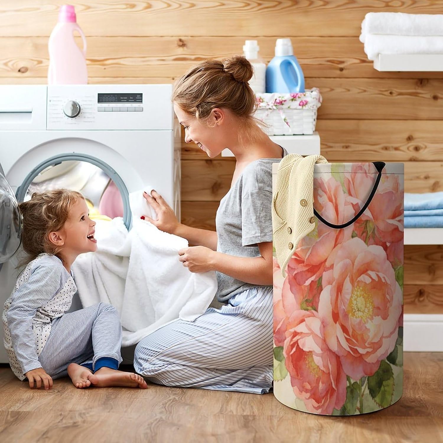 Salmon Pink Flowers Laundry Hamper with Handles Waterproof Collapsible Laundry Basket Large Lightweight Round Dirty Clothes Hamper for Home Dorm Bathroom Decor