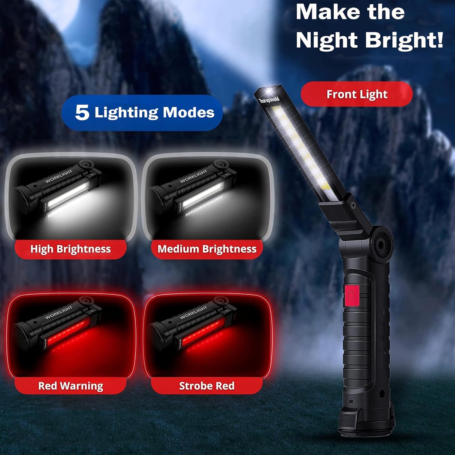 Portable Rechargeable Torch LED Flashlight with 5 Lighting Modes and 360°Rotate, LED Work Light with Magneticfor Mechanics Car Repair Home, Garage, Emergency, Camping
