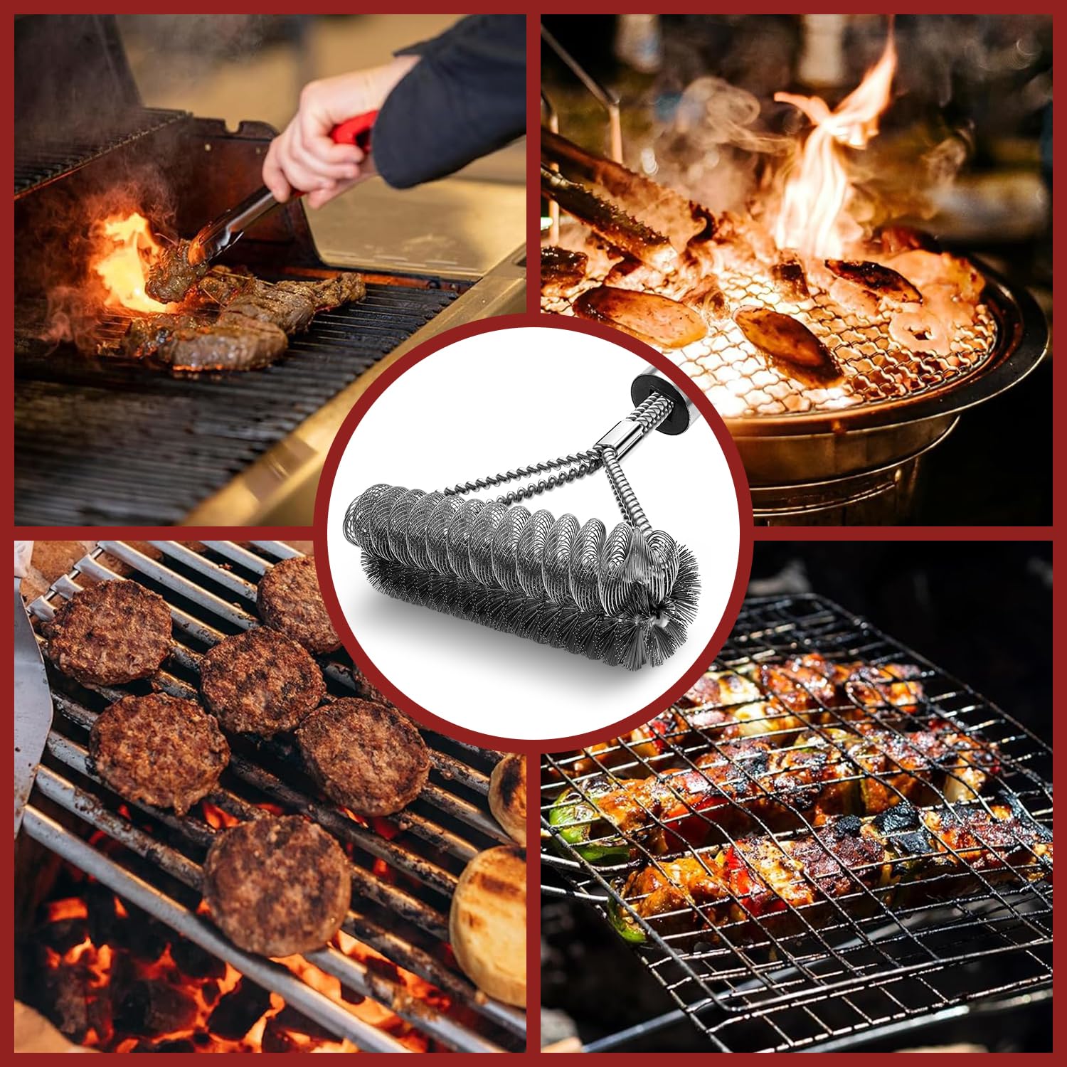 Brosse de Nettoyage pour Barbecue en Acier Inoxydable 45.5cm avec Grattoir Intégré Nettoyage 360°