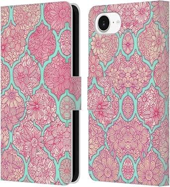 Head Case Designs Officially Licensed Micklyn Le Feuvre Pink and Teal Moroccan Leather Wallet Case Compatible with Apple iPhone 16e / iPhone 17e