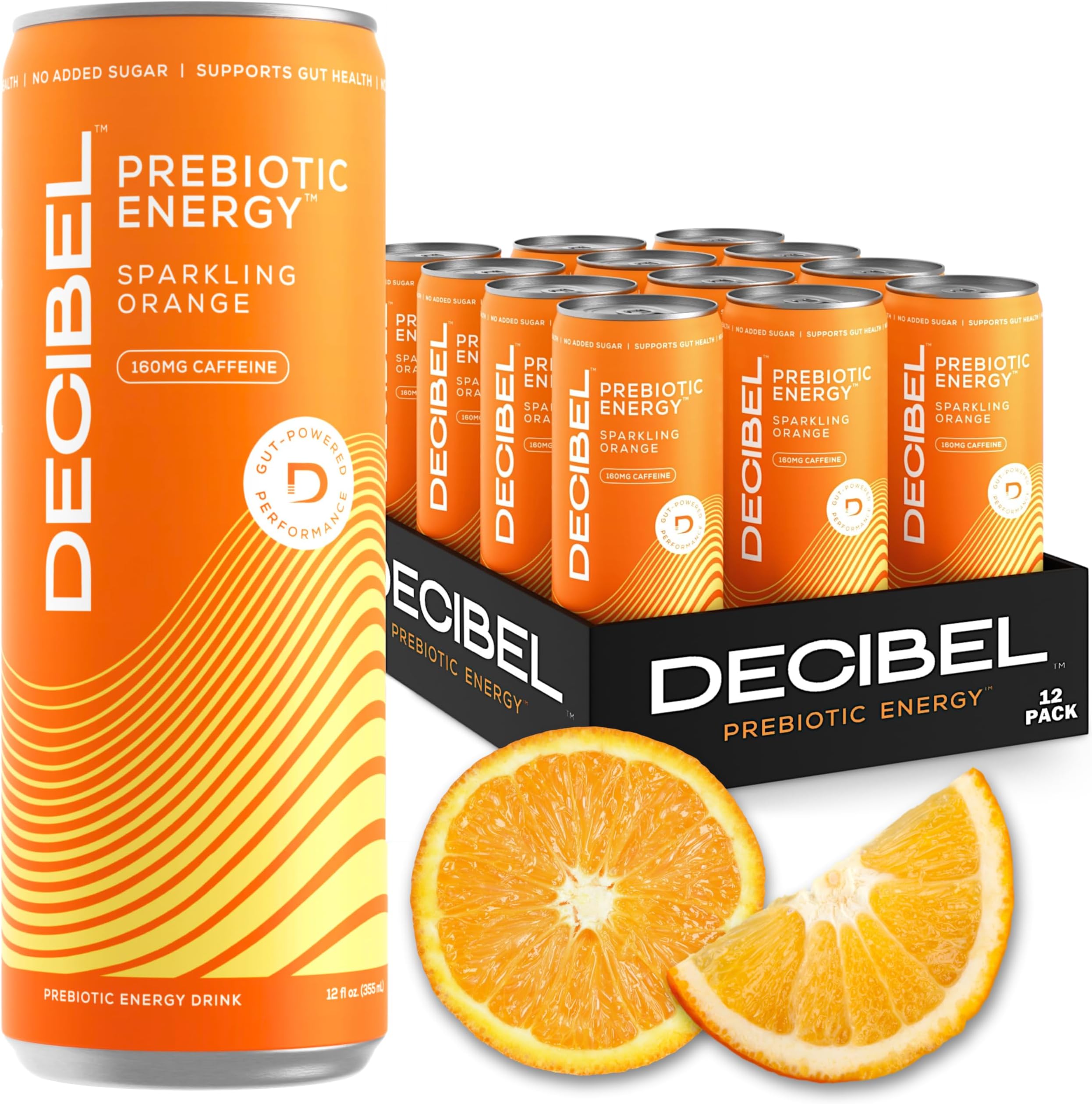 DECIBEL Prebiotic Energy Drink - Healthy Functional Energy, Supports Gut Health and Digestion with 5g of Prebiotic Fiber, No Added Sugar, No Artificial Ingredients (Orange, 12 Cans)