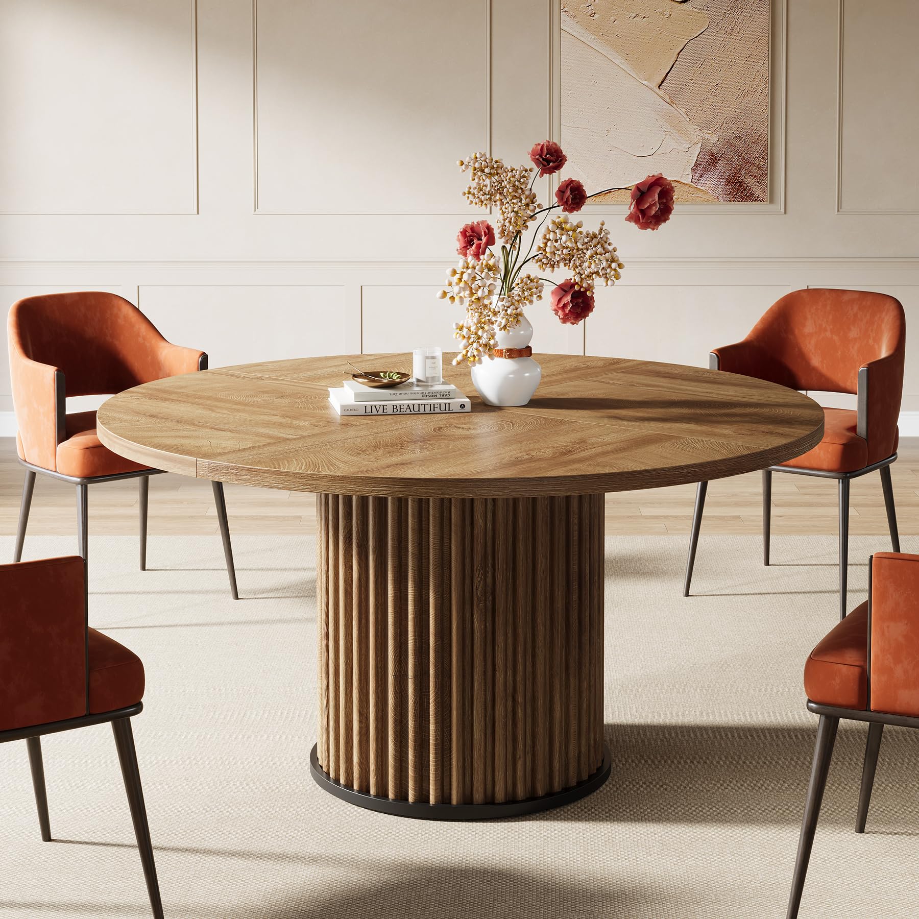 Tribesigns Tavolo da pranzo rotondo, 120 cm, marrone per 4 persone, tavolo da pranzo con robusta struttura in metallo, arredamento moderno