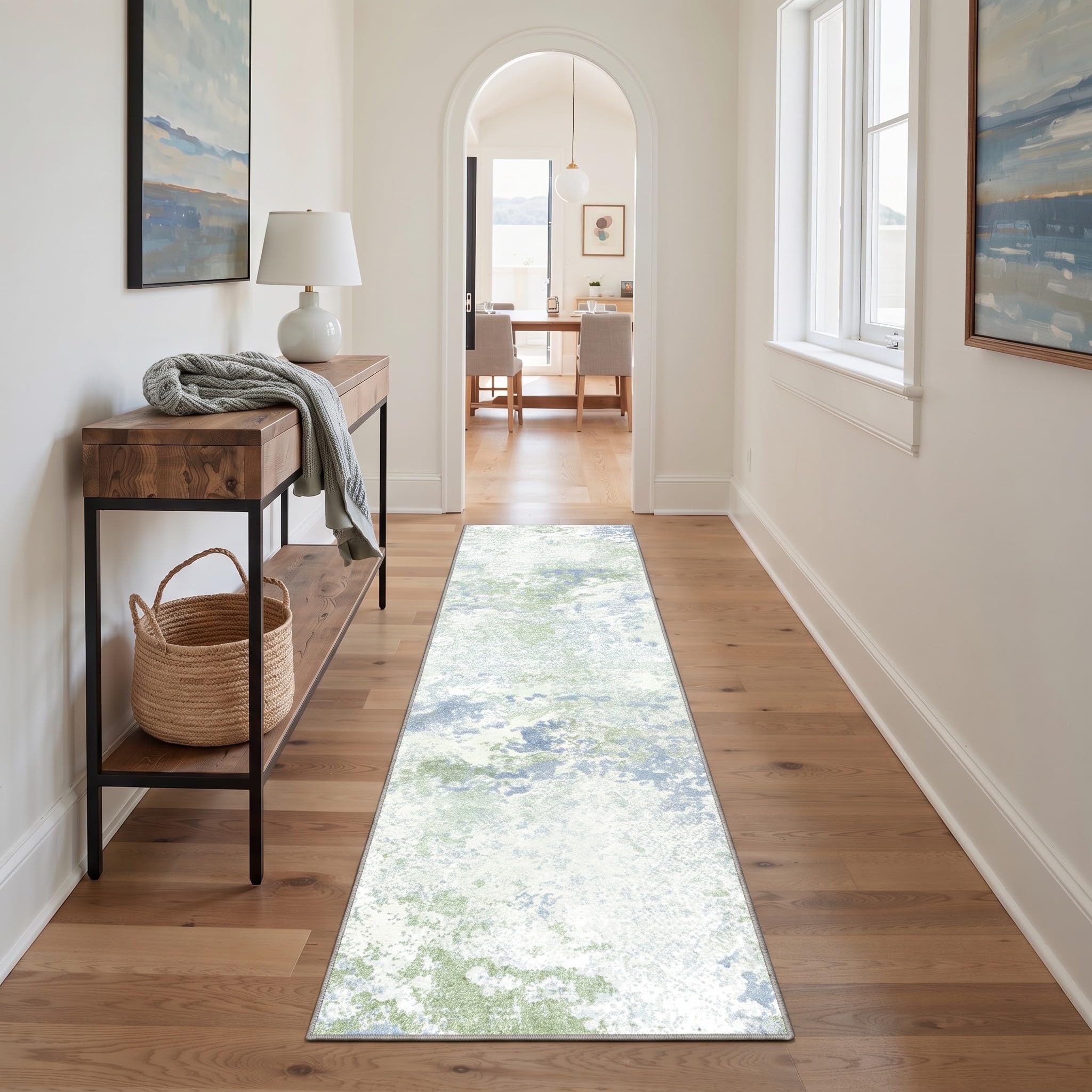 BEIMO 2x10 Runner Rug for Hallway, Green Ivory Washable Abstract Rug