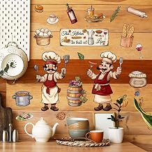 4 Sheets Cartoon Chef Kitchen Wall Stickers Food Cooking Kitchenware Peel and Stick Wall Art Decals for Kitchen Dining Room Restaurant Fridge