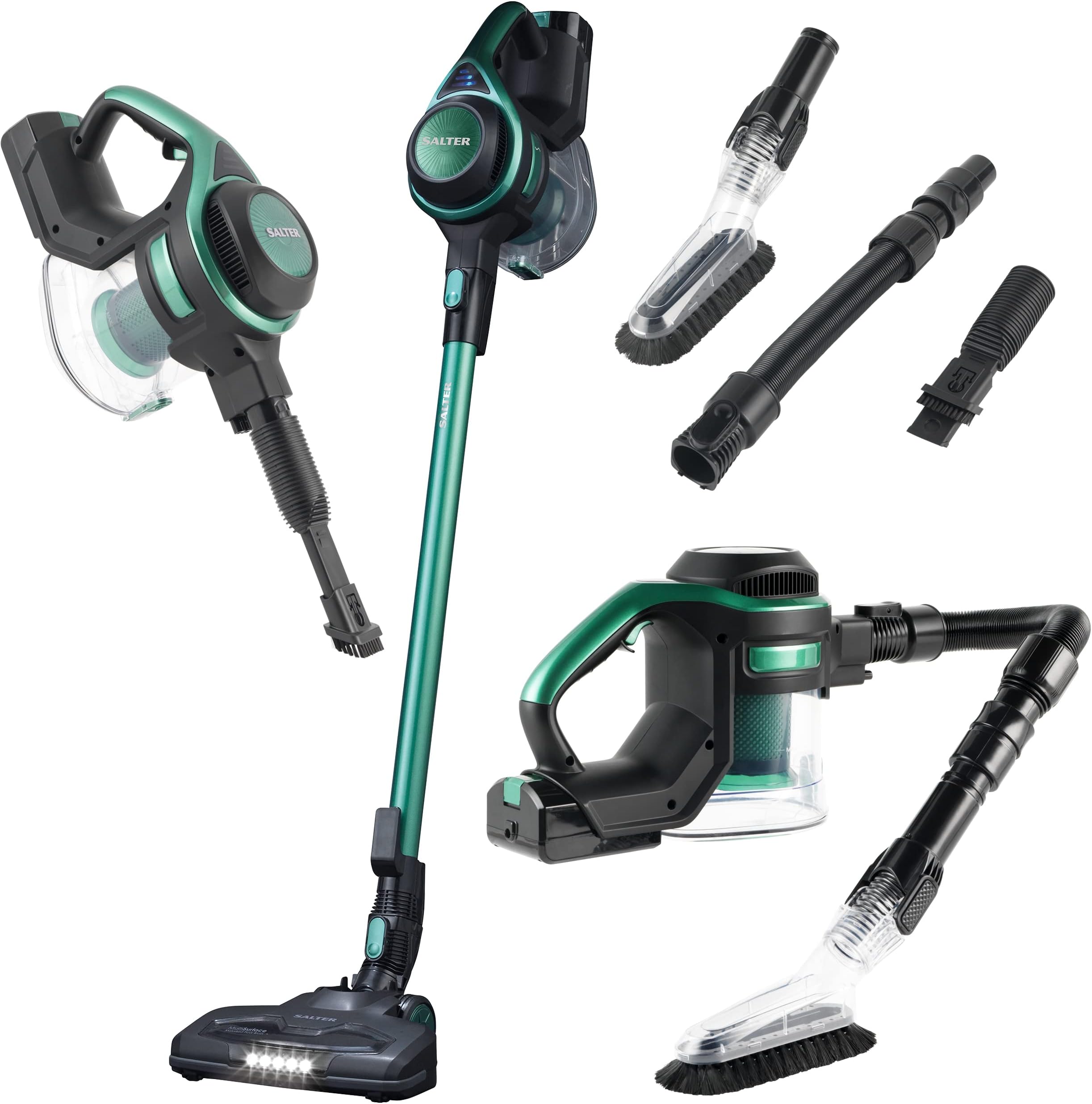 Salter SAL0046 Cordless Vacuum Cleaner - 22.2V Flexi Plus+ 2 In 1 Multi Surface Cleaner, Converts For Handheld Use, Includes Flexible Hose, 1.2L, 40 Minute Run Time, LED Motorised Floor Brush, Green