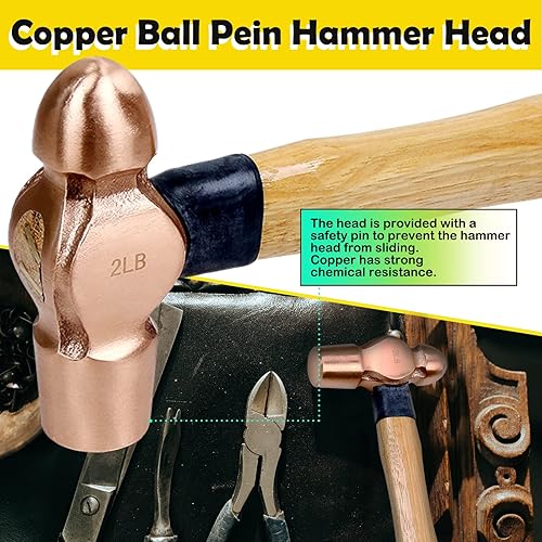 Miniatura 3 de WEDO Juego de martillo de bola de cobre de 3 piezas, 8 onzas + 12 onzas + 16 onzas (12 libra+34 lb+1 libra), martillo de bola con mango de madera,