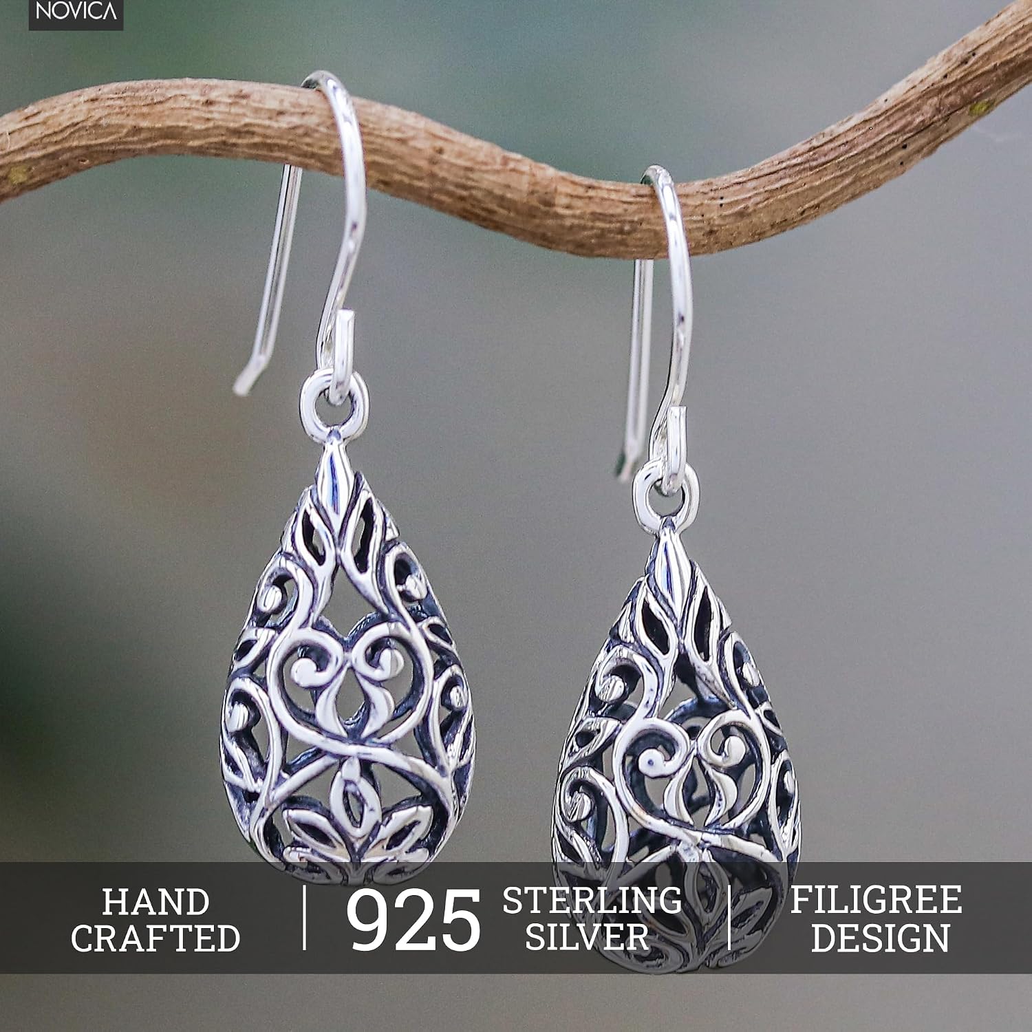 NOVICA Artisan Handmade .925 Sterling Silver Dangle Earrings Unique Thai Thailand 'Forest Tear'