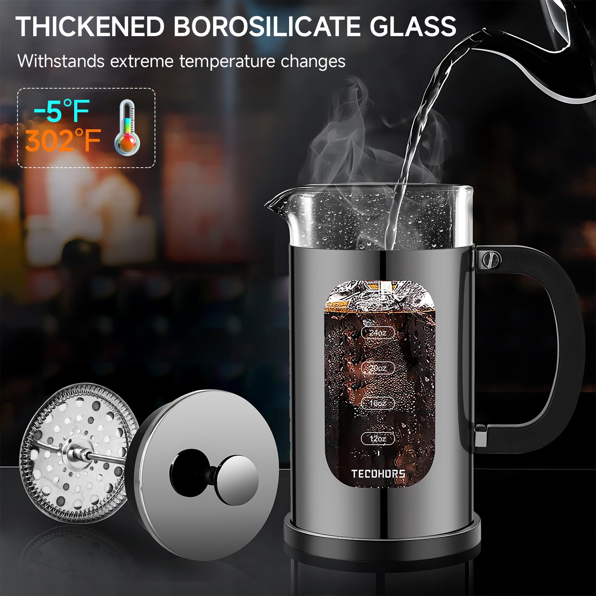 French Press ekspres do kawy ze stali nierdzewnej 304, z systemem 4 filtrów, odporne na wysokie temperatury, szkło borokrzemowe, zaparzony dzbanek do kawy (jasnoczarny)