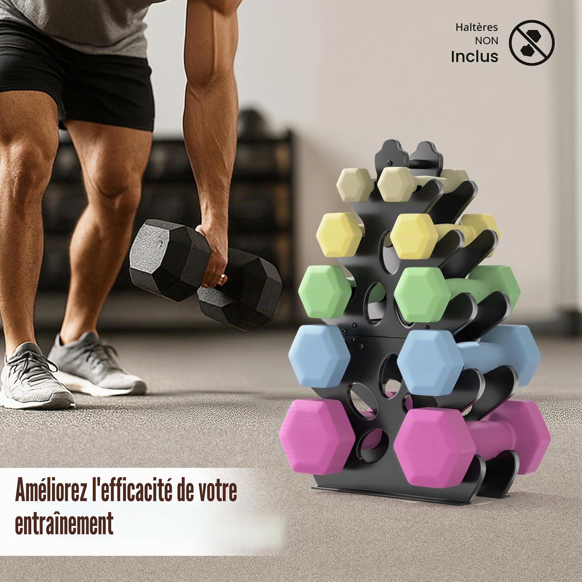 Support Halteres 5-Niveaux Rangement Poids Musculation Rack Haltere Métal (Haltères non inclus)