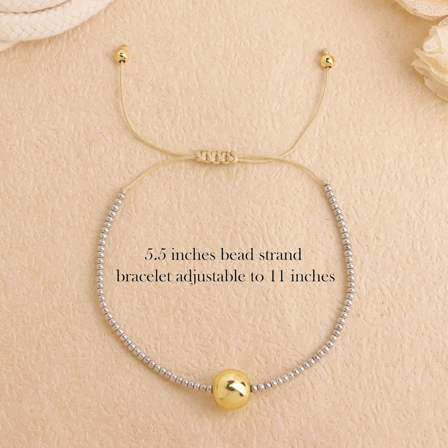 Small White Gold Silver Beaded Bracelets for Women, Handmade Adjustable Golden Ball Beads Strand Bracelet Fashion Jewelry Gift. - Image 3