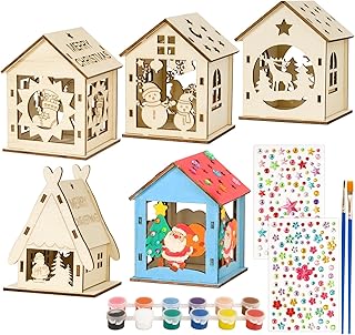 BOFUNX 5pcs Maison de Noël Crafts Kids En Bois DIY Crafts Set Maison De Noël Avec Peinture Pinceau Autocollant Miniatures Décoration De Table De Noël Décoration DIY Cadeaux Pour Enfants