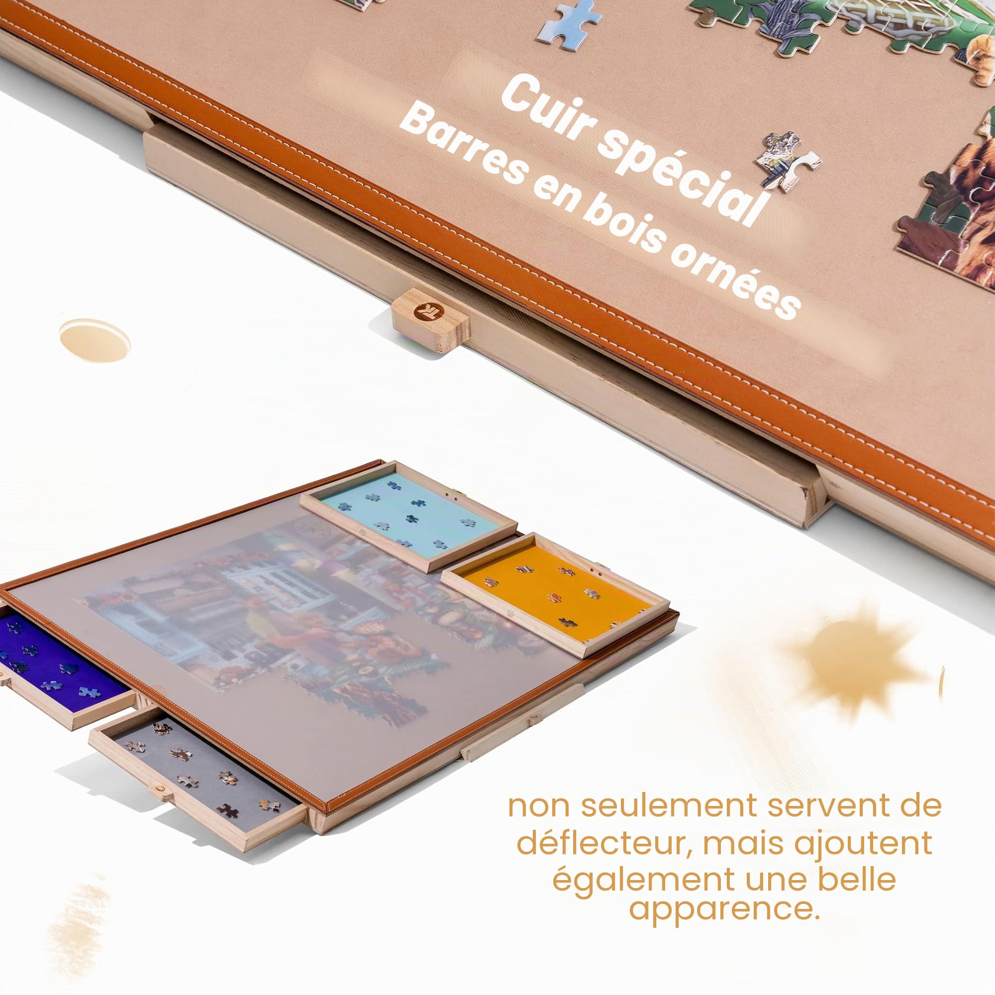 Tektalk Table de Puzzle en Cuir avec Plateaux de Rangement et de tri en Bois Plateau de Puzzle Portable avec Support et Couvercle, pour jusqu'à 1000/1500 pièces
