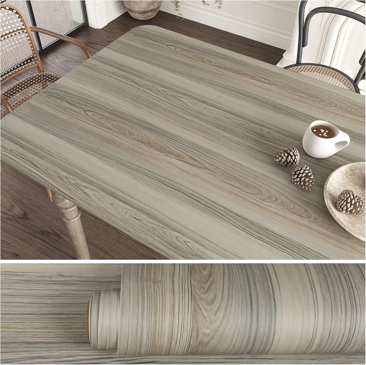VEELIKE Thick Oyster Grey Wood Wallpaper Peel and Stick Wood Contact Paper for Countertops Waterproof Removable Wood Grain Contact Paper 15.7''x354'' Self Adhesive Wood Vinyl Wrap for Cabinets Desk
