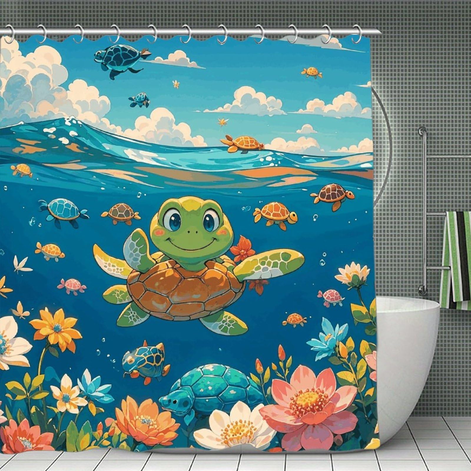 QMNLKH Turtle Shower Curtain with Hooks, Waterproof Bath Curtains for Bathroom, Lightweight Bath Curtains Liner for Hotel, Personalized Bath Curtain for Spa, 70.8 Inch