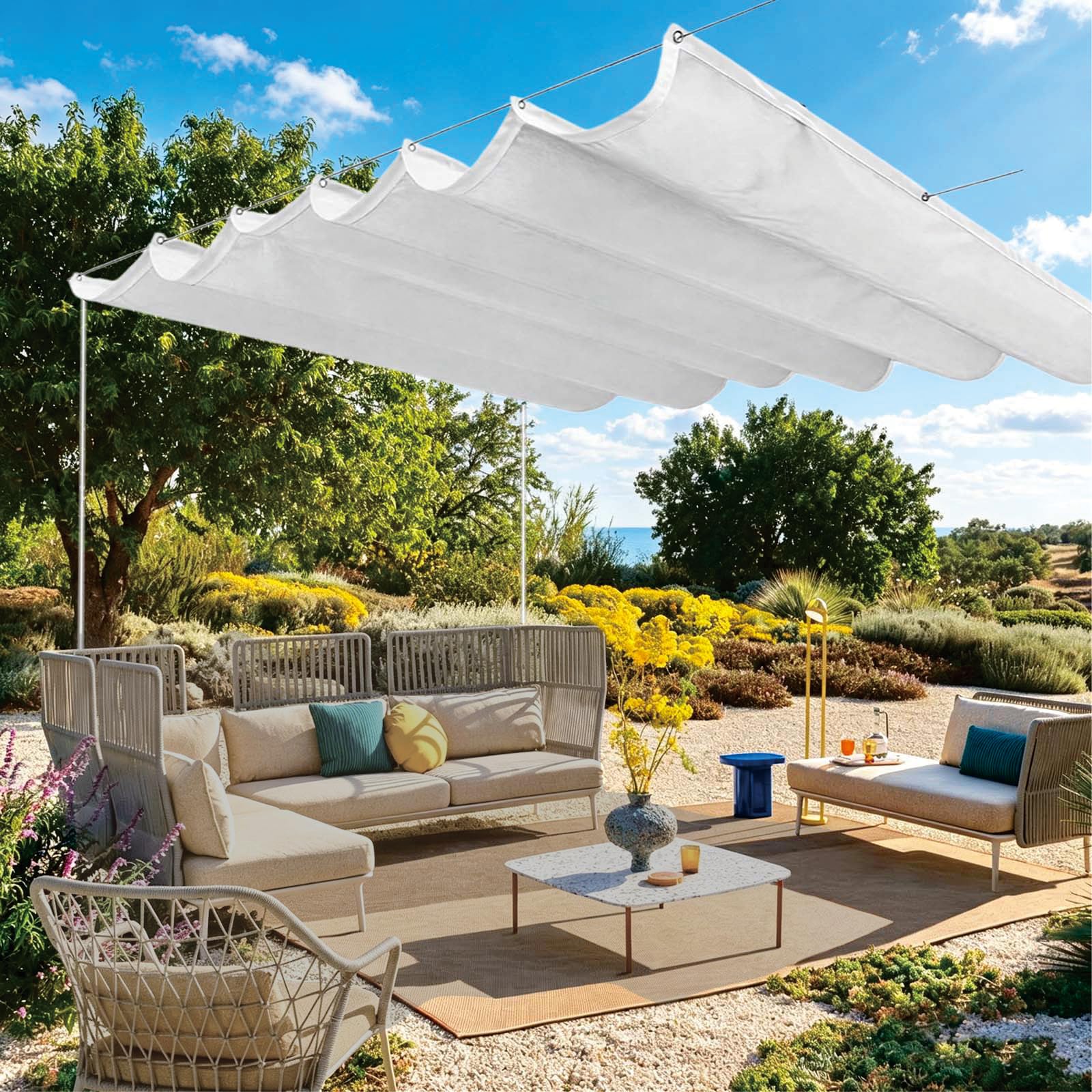 Voile d'ombrage vague rétractable pour éviter la canicule sous la pergola du jardin
