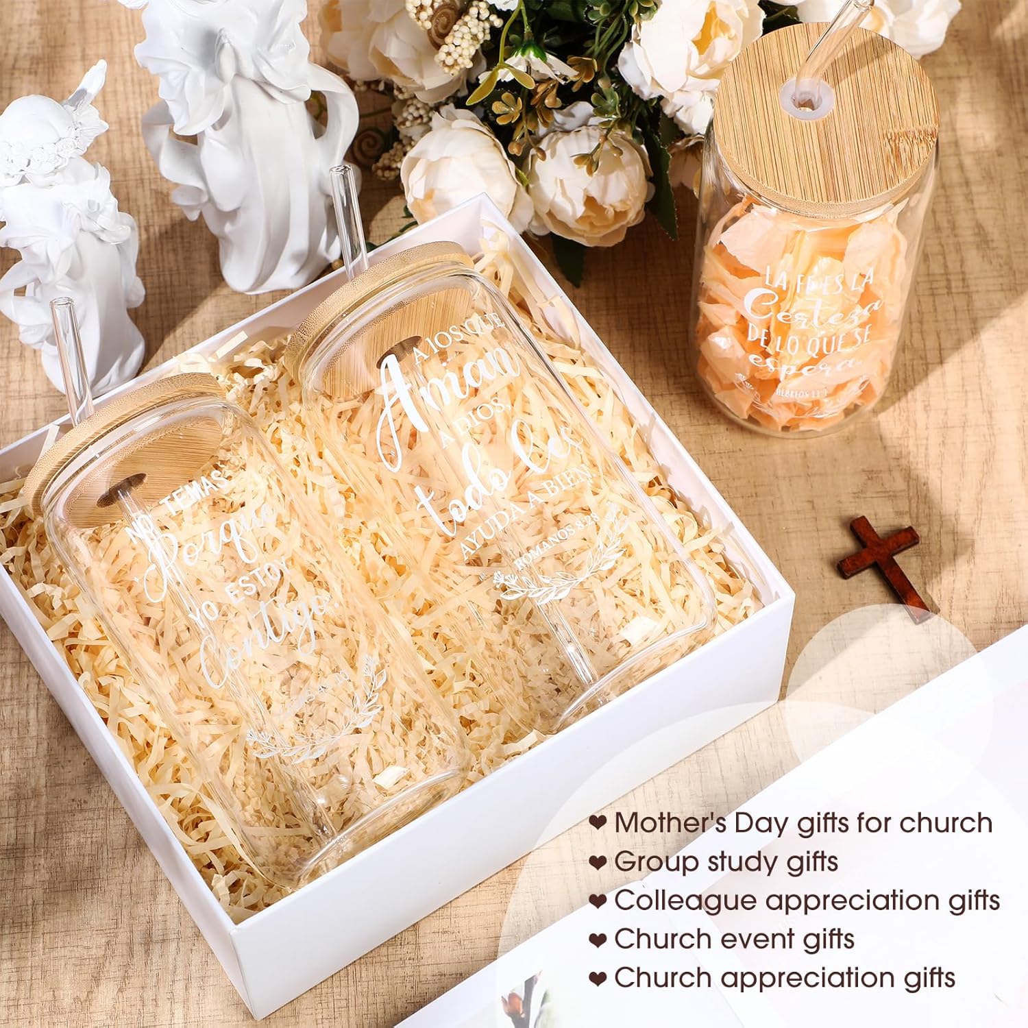 16 Pcs Spanish Christian Gifts for Women Mom Regalos Cristianos Para Mujer 16 oz Religious Glass Cups with Bamboo Lids and Straws Brushes Bible Verse Coffee Tumbler for Church Gifts