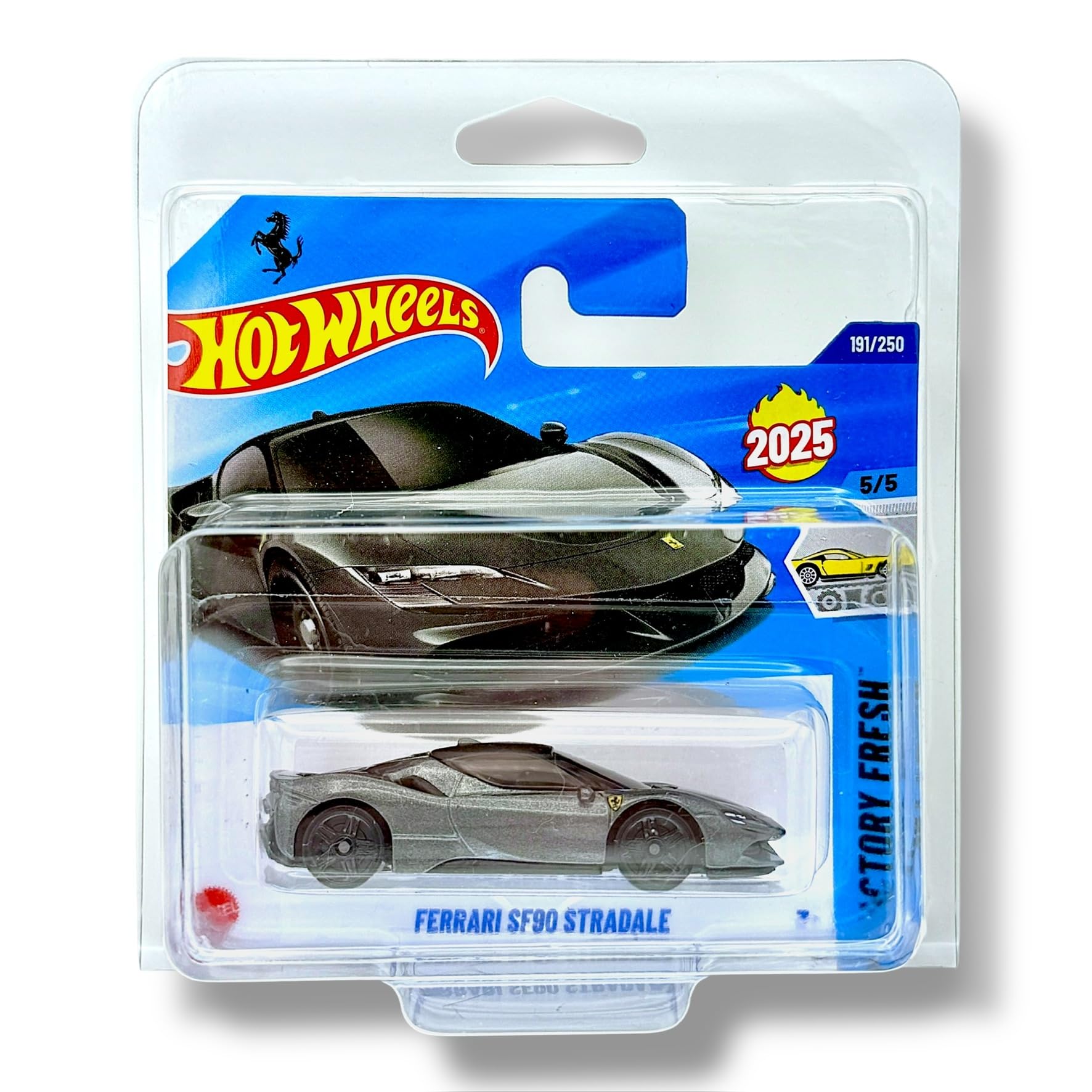 Hot Wheels Ferrari SF90 Stadale (Dark Metallic Silver) 5/5 Factory Fresh - 2025-191/250 (Short Card) - includes a KLAS Car Keeper Protector Case - HYY08