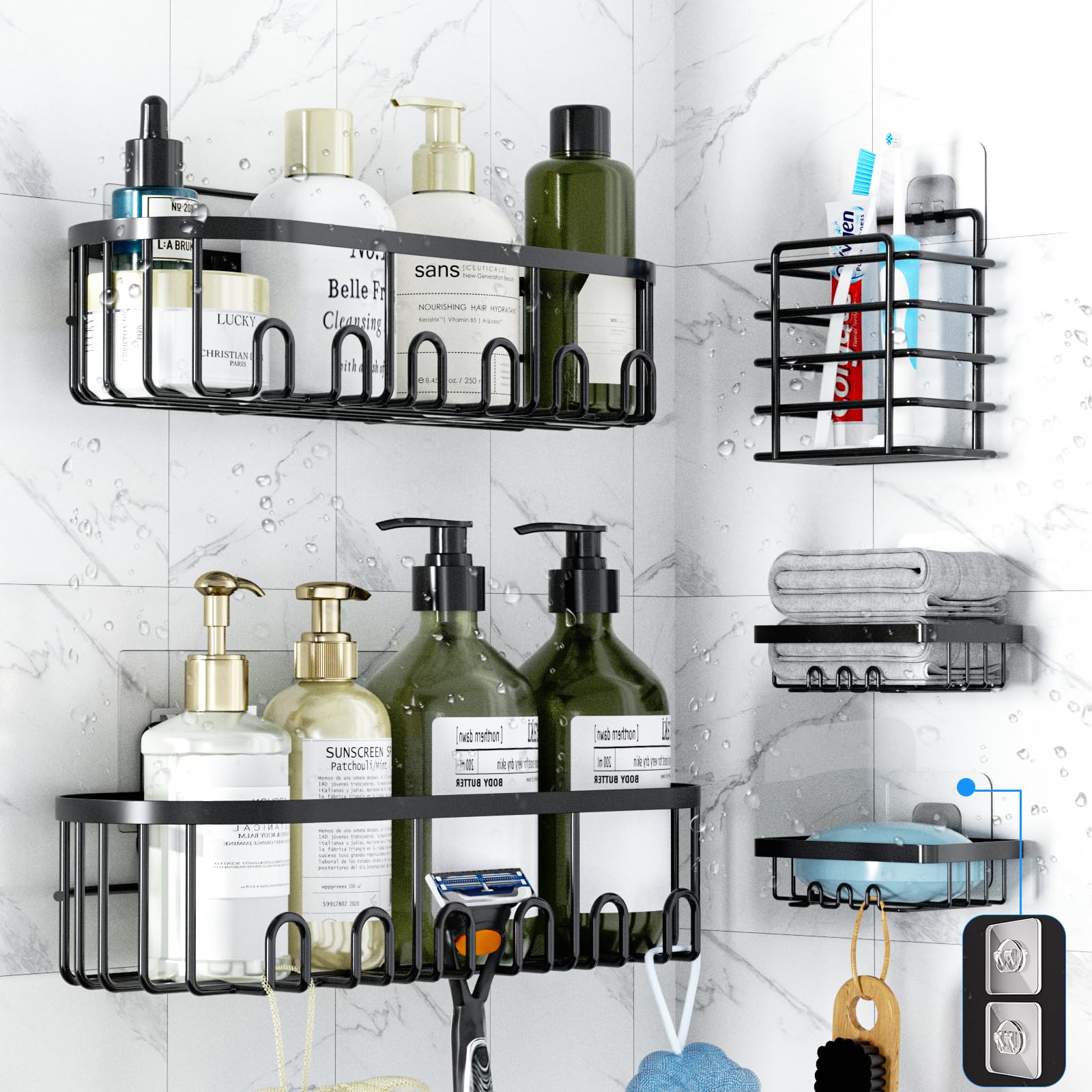 GearFusion Shower Caddy Adhesive Bathroom shelves 5 Pack Rustproof Stainless Steel Bathroom Storage Space-Saving Shower Organizer with Soap