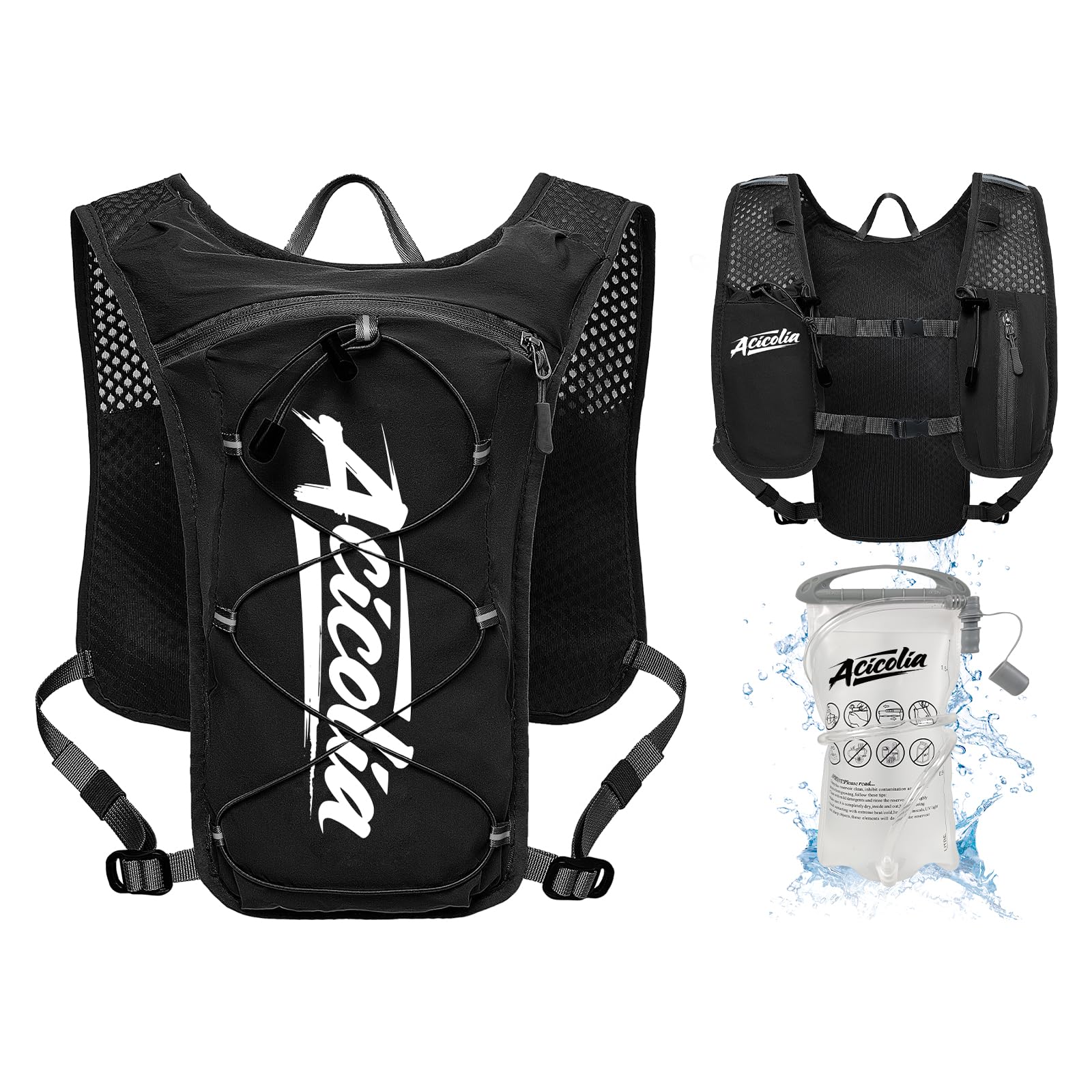 Acicolia Running Vest With 1500ml Water Bladder, Lightweight Reflective Hydration Vest Backpack for Marathons Trail Running Cycling Hiking (Black, One Size)
