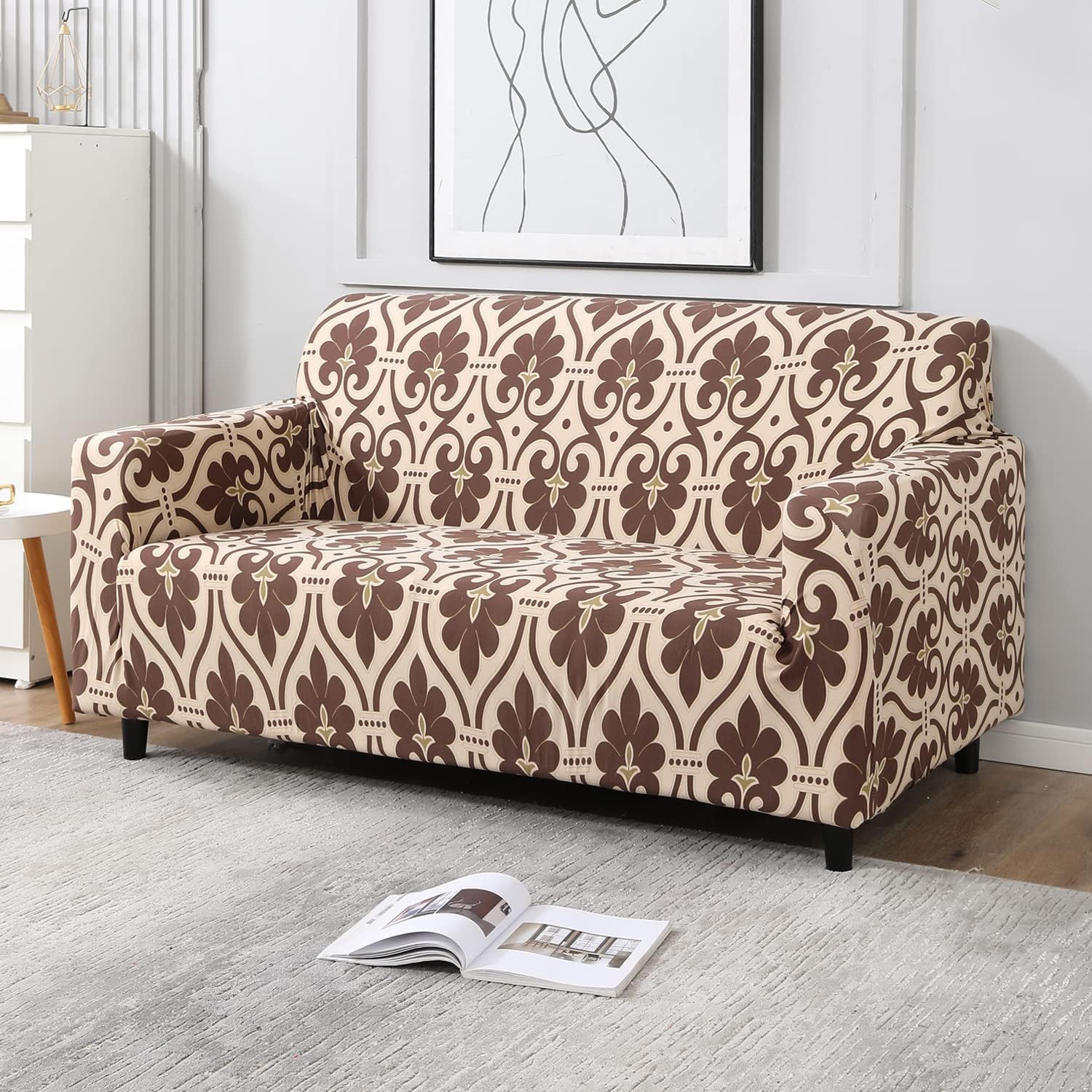 HOKIPO Sofa Cover 2 Seater Fully Covered, Beige Damask