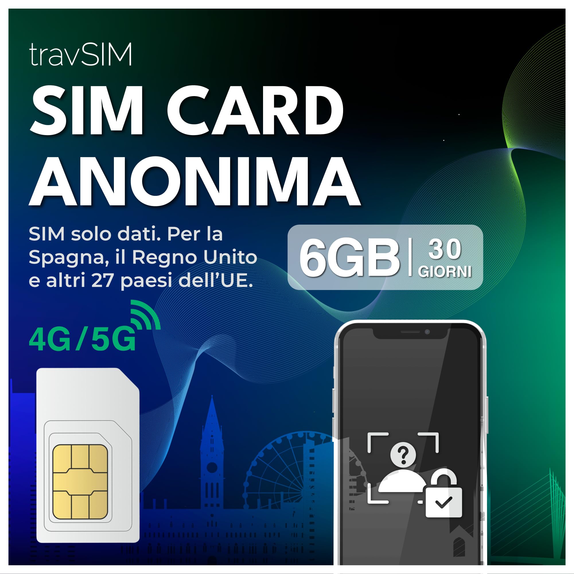 SIM Anonima già attiva | 6 GB - 30 giorni | Chiamate e SMS gratuiti + roaming gratuito in 27 paesi dell'UE | Effettua chiamate locali e internazionali e invia messaggi con le app VOIP | travSIM