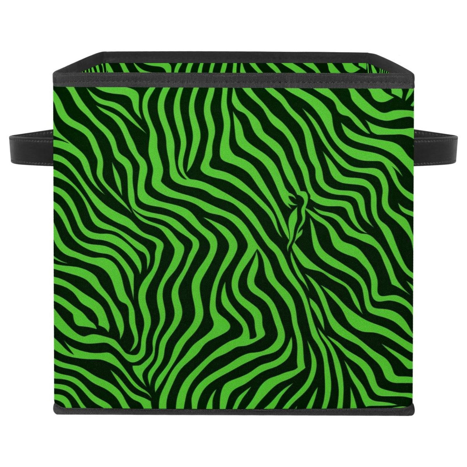 Boîte de rangement pliable zébrée verte avec poignées en cuir pour placard