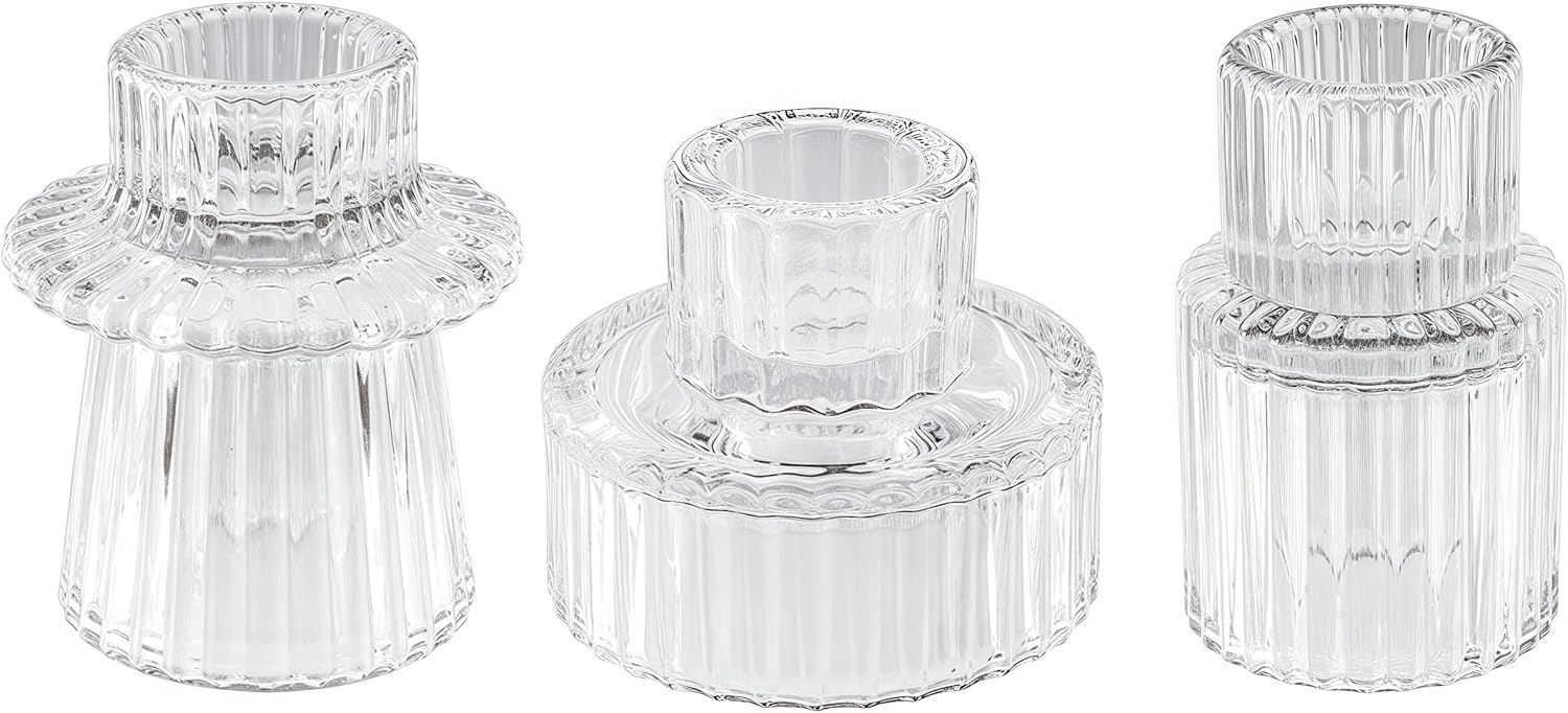 Double Sided Vintage Ribbed Taper Glass Candle Holders,Tea Candle Holder for Table Centerpieces, Wedding Decorations and Dinner Parties (Clear, 3 PCS)