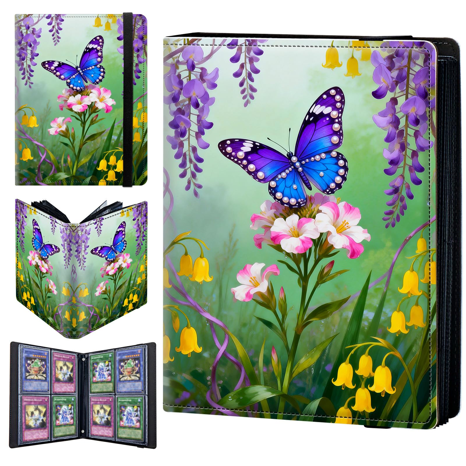 4 Pocket Trading Card Binder 240 Side Loading Pocket Album with Floral Flowers and Blue Butterflies Pattern Design Card Binder for Sports Cards & Game Cards — image 1