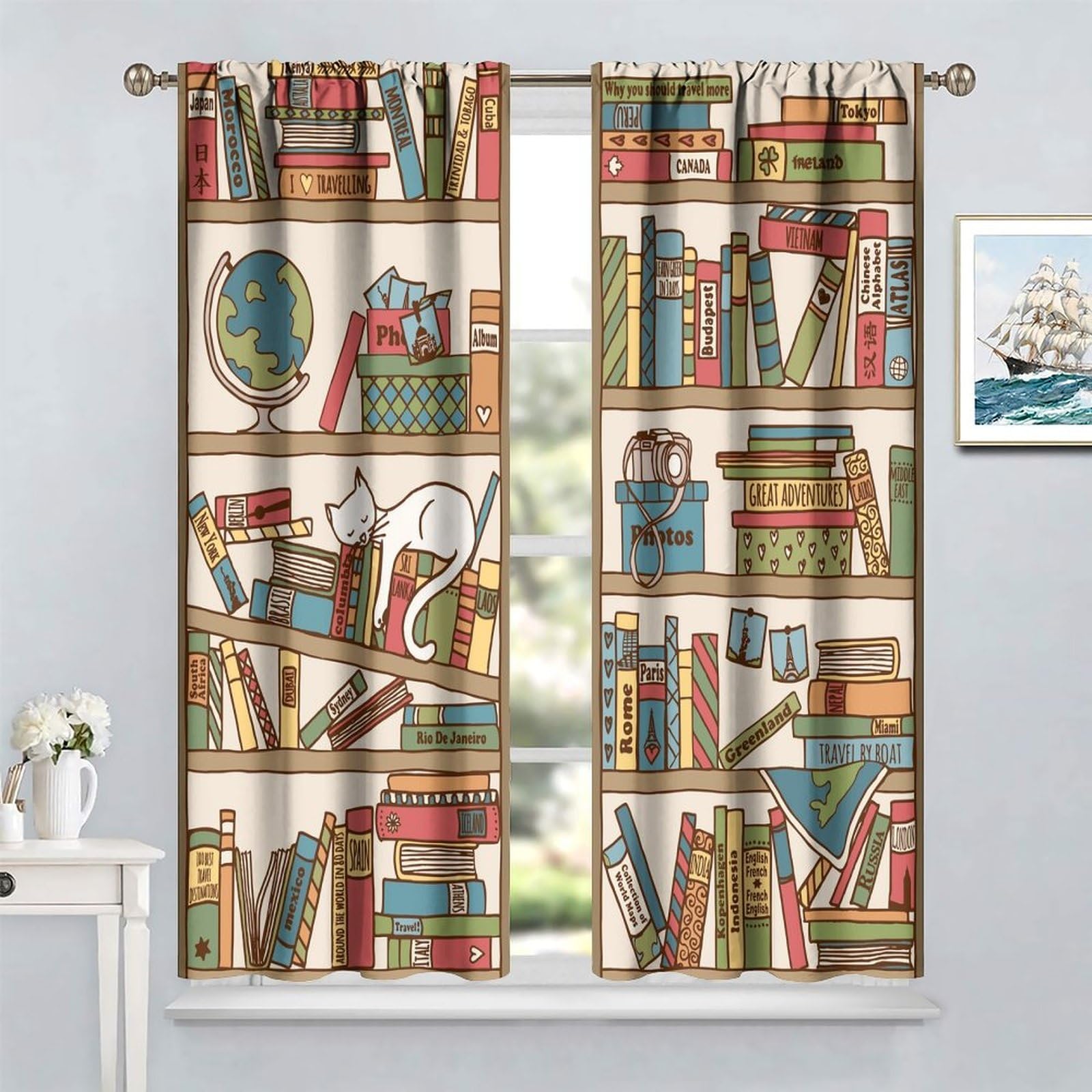 Bookshelf Cat Blackout Curtains, Boho Style Cartoon Fun Nerd Book Kitty Sleeping Over Bookshelf Library Prints Rod Pocket Window Treatments Drapes for Bedroom Living Room63x63in