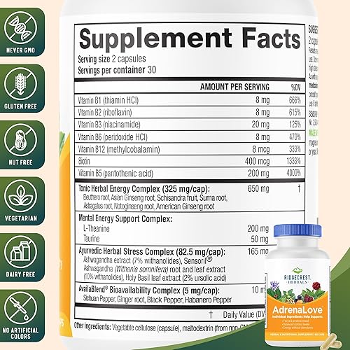 Miniatura 3 de RidgeCrest Herbals Adrenal Fatigue Fighter, Adaptógeno Stress Support, 60 cápsulas veganas