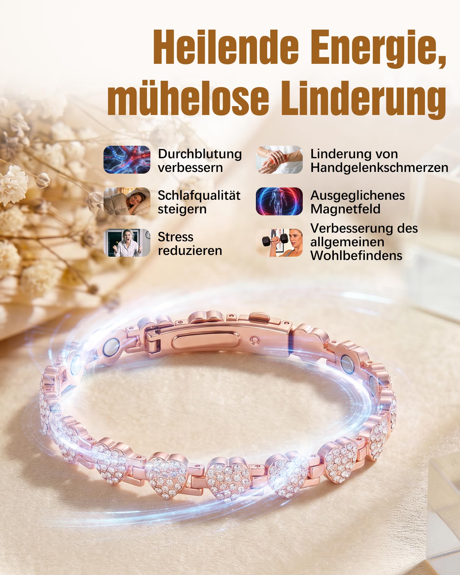 Jeracol Kupferarmband Damen, Magnetarmband mit 3500 gauss Magneten pro Glied und Kristallen, 99% reines Kupfer