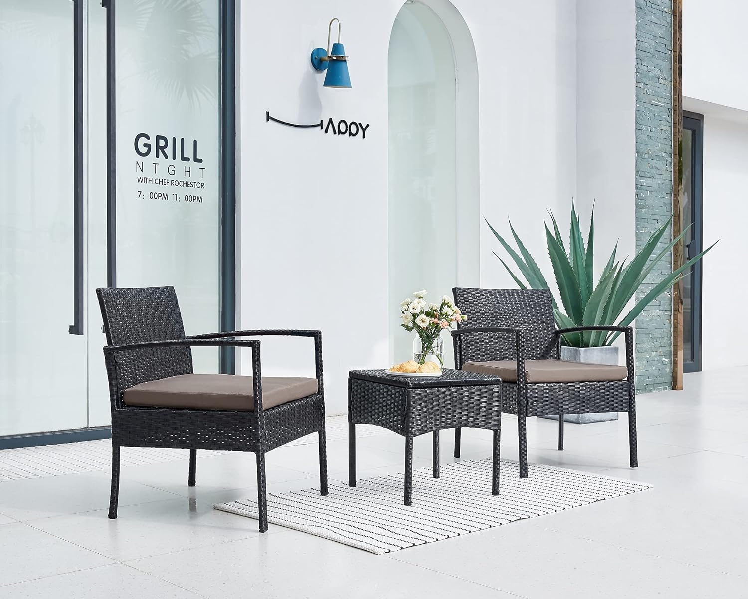 Leasbar Outdoor Chairs Set Bistro Set 3 Pieces Patio Conversation Set Furniture Set for Small Balcony Rattan Chairs and Table with Cushions Brown : Patio, Lawn & Garden