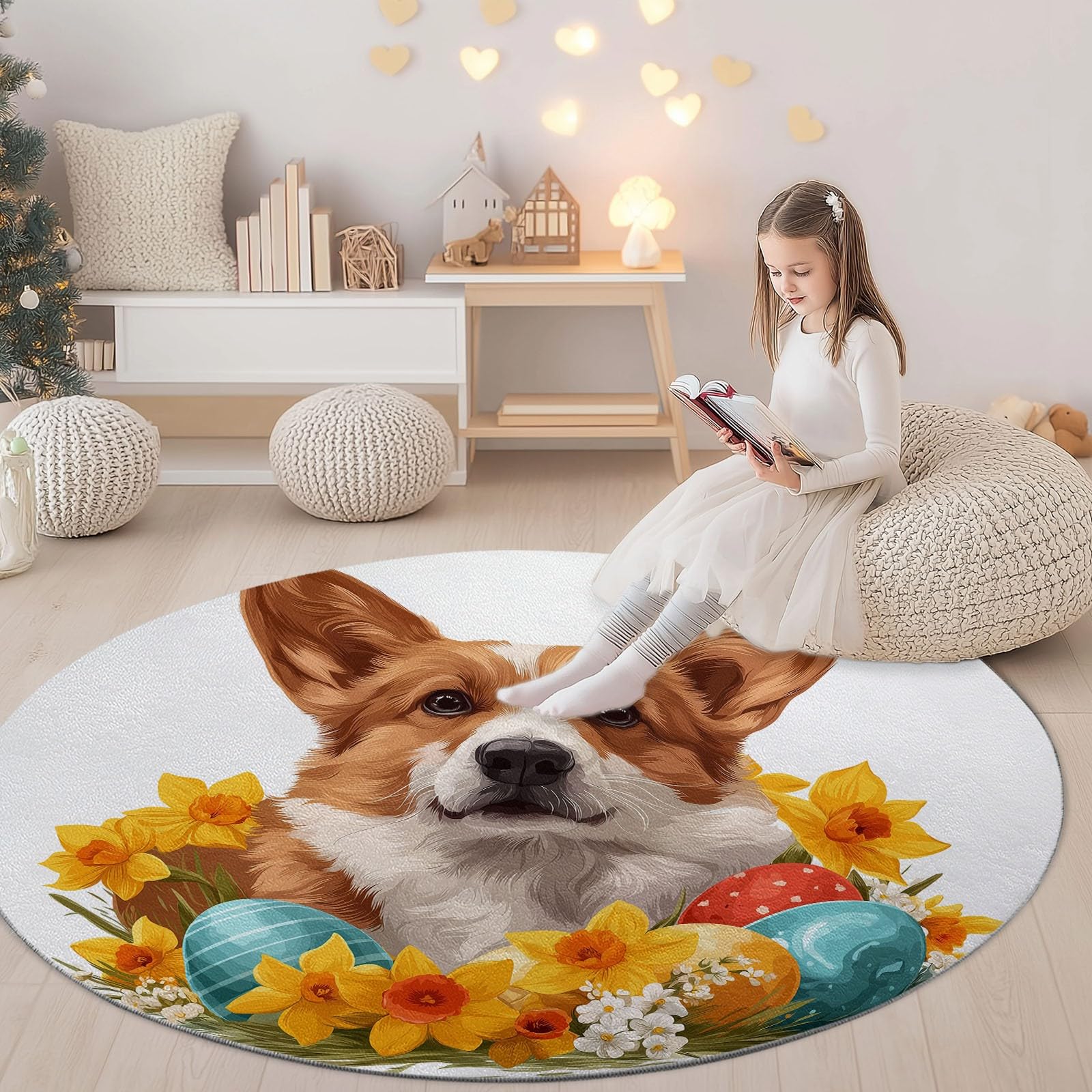Dywan do salonu okrągły Corgi Akwarela Pisanki Kwiaty 160 cm Okrągłe dywaniki do salonu, biały zmywalny dywan do wnętrz miękki - do sypialni, kuchni, stołu w jadalni