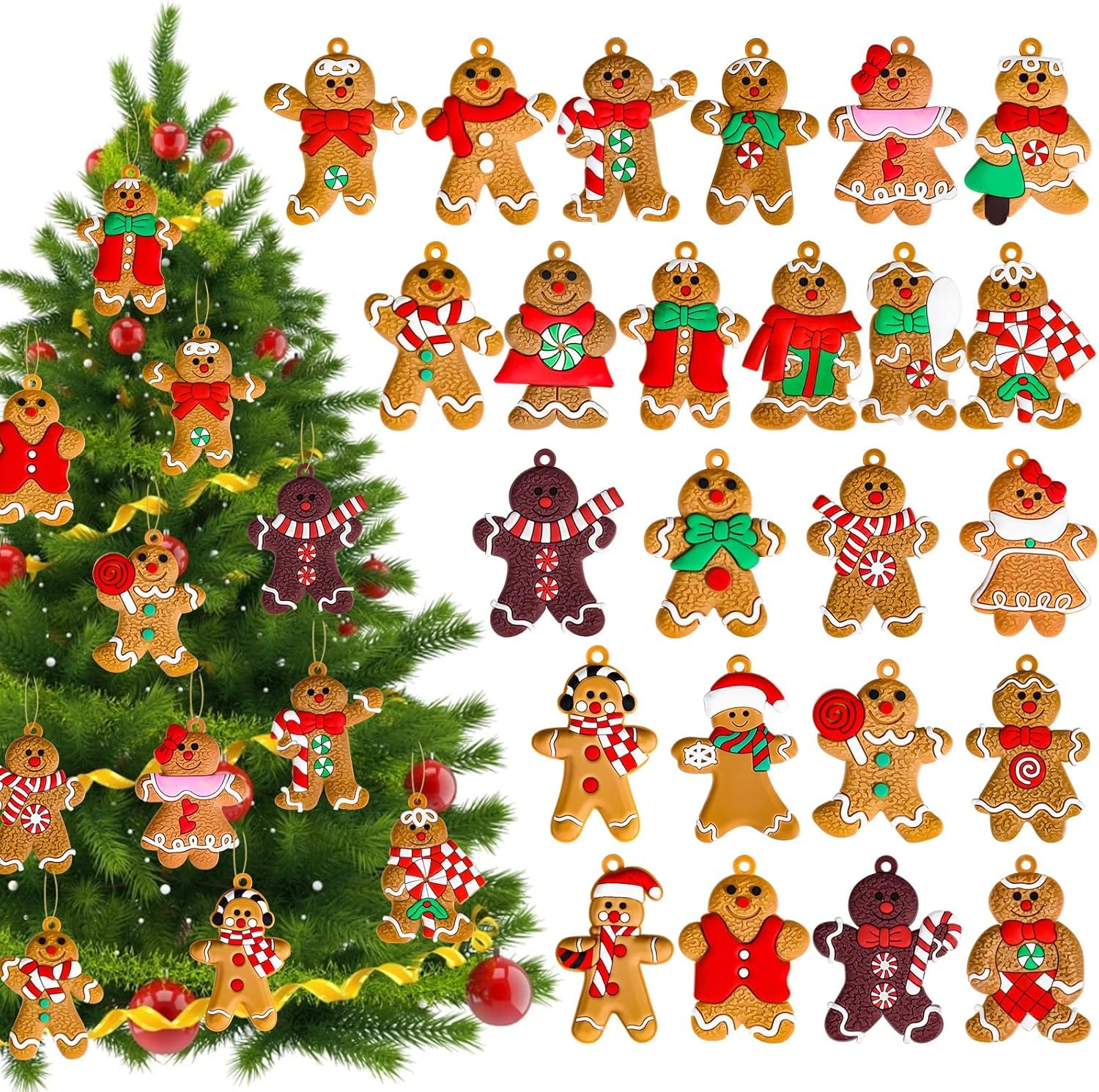Uclever Brown 24Pcs Gingerbread Man Ornaments For Christmas Tree, Assorted Gingerbread Figurines Wooden Ornaments, Christmas Tree Hanging Decorations, 3 Inch Tall (24, Candy Gingerbread)