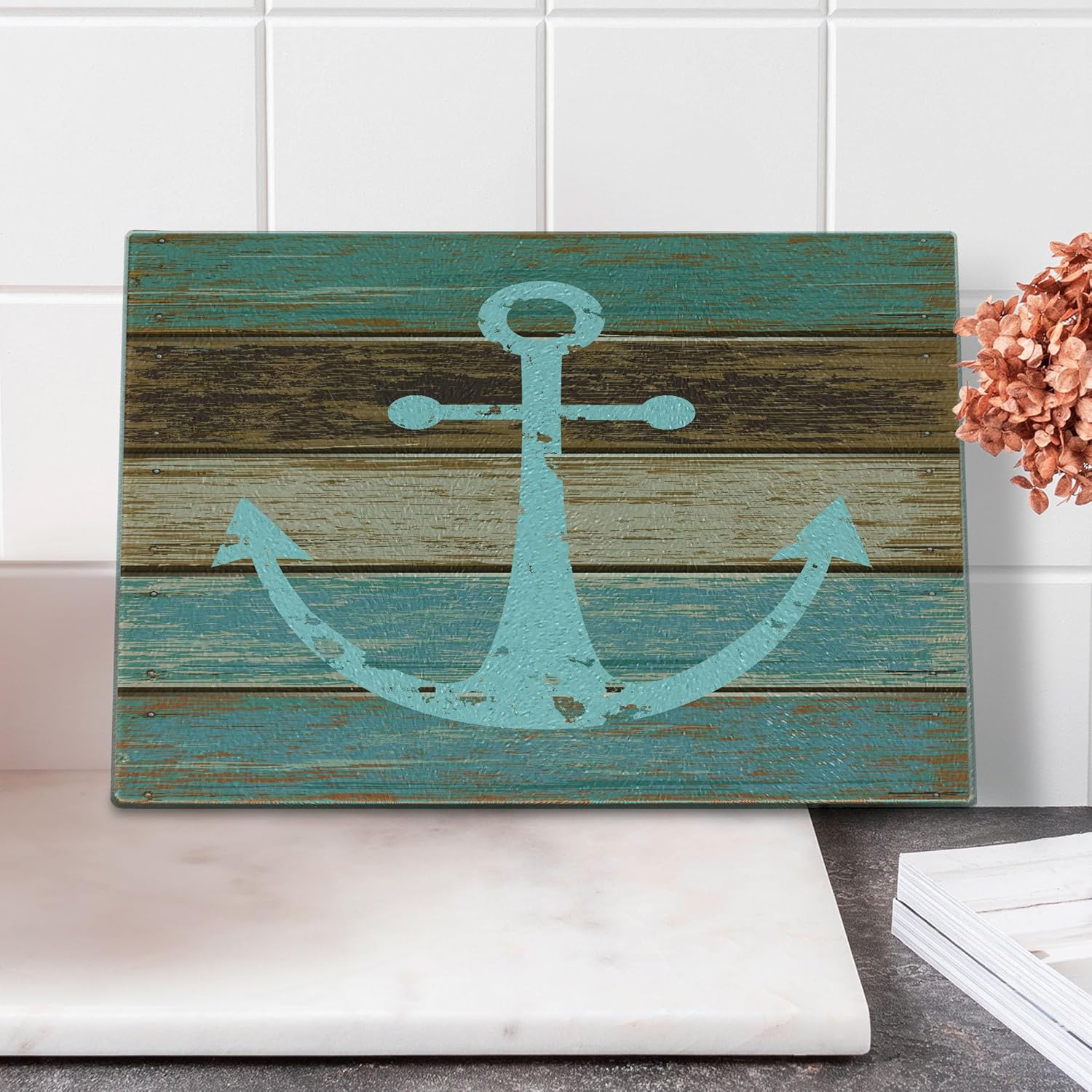 Ambesonne Anchor Cutting Board, Timeworn Marine Symbol on Weathered Wooden Planks Rustic Nautical Theme, Decorative Tempered Glass Cutting and Serving Board, Small Size, Teal Brown