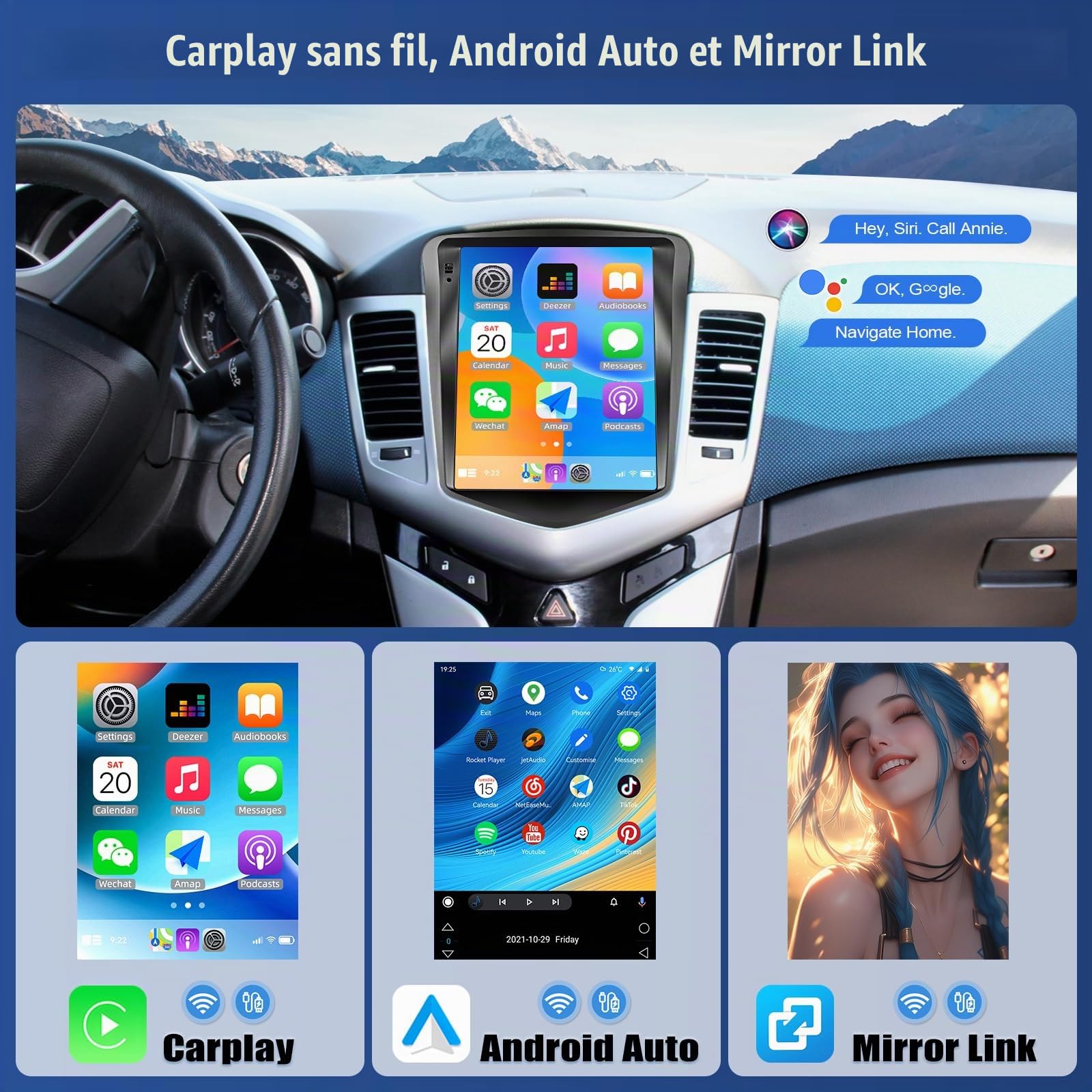 OiLiehu 6+128G/8 Cœurs Android 13 Autoradio pour Chevrolet Cruze J300 2009-2014 avec CarPlay Android Auto sans Fil, 9,7“ IPS Écran Tactile avec GPS WiFi Lien Miroir Bluetooth FM/RDS DSP EQ SWC Caméra