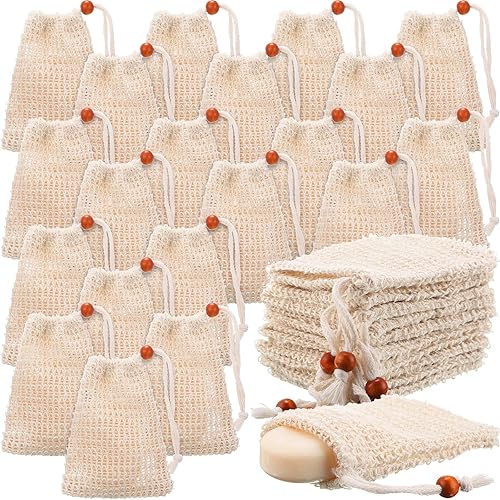 Woanger Bolsa de jabón de sisal natural de 5.7 x 3.7 pulgadas, bolsa de malla de ahorro de jabón exfoliante con cordón de espuma y soporte de secado