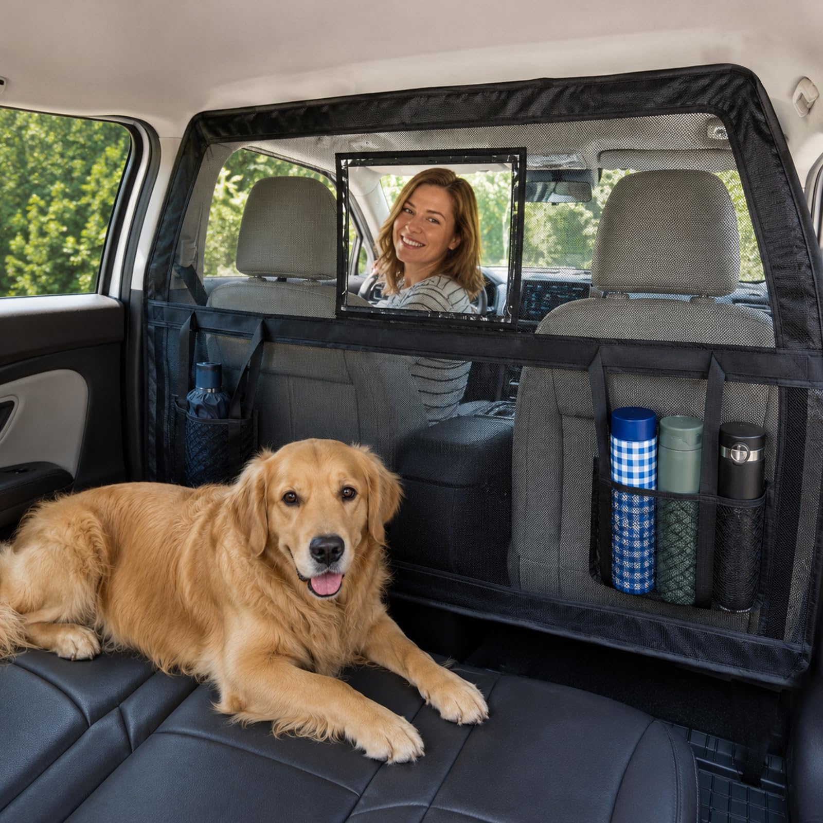 Grille de séparation universelle pour chien - Siège arrière et coffre - 147 cm - Avec fenêtre - Pour grands véhicules tout-terrain, voitures, monospaces et camions - Noir