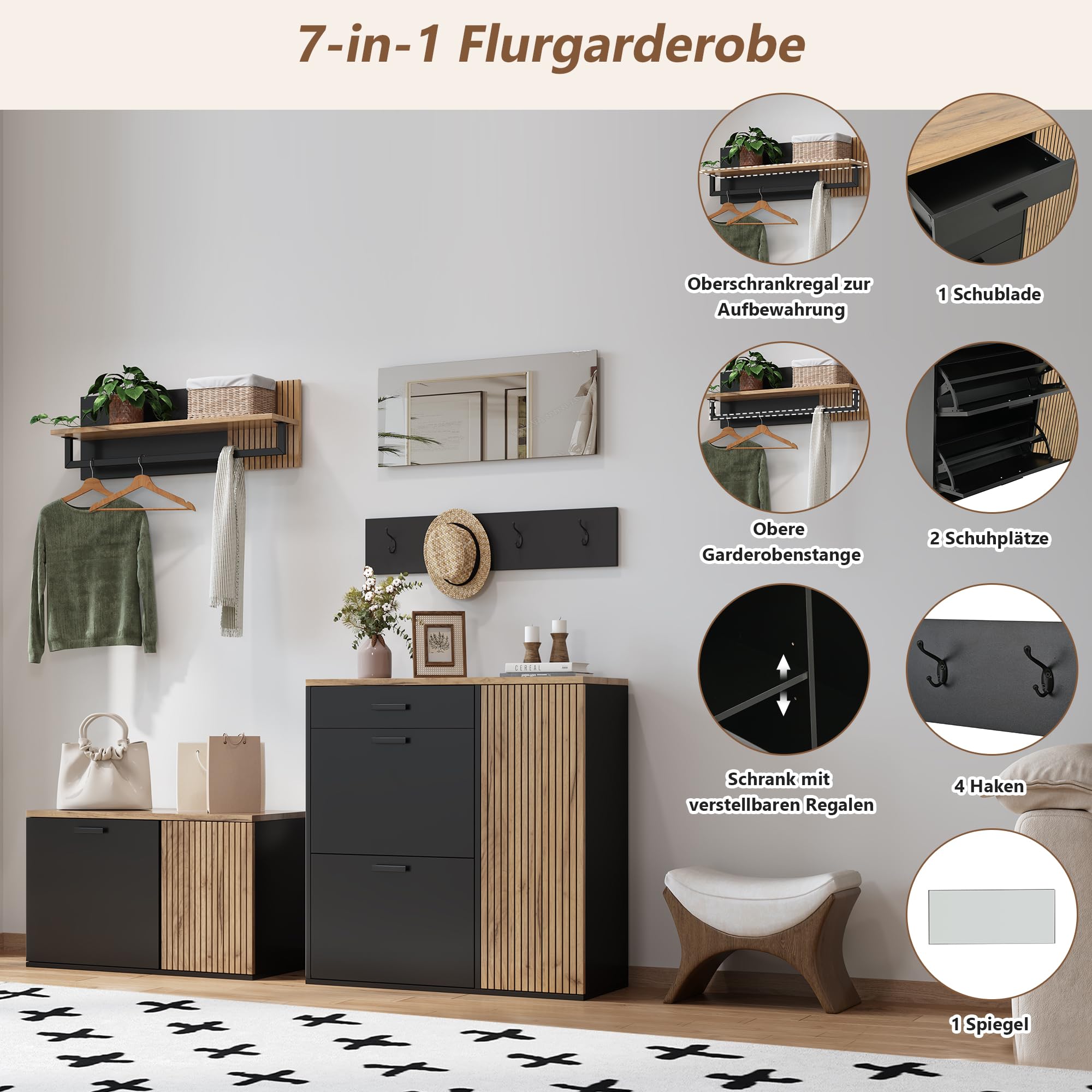 Kebnor Garderoben-Set, Schrank, Kommode, Spiegel, 2 Schuhschrank, ohne Dekoration, Garderobenpaneel mit Spiegel, Hutablage und 4 Haken,Schuhschrank mit Schuhbank, Flur mit Stauraumtrennwand