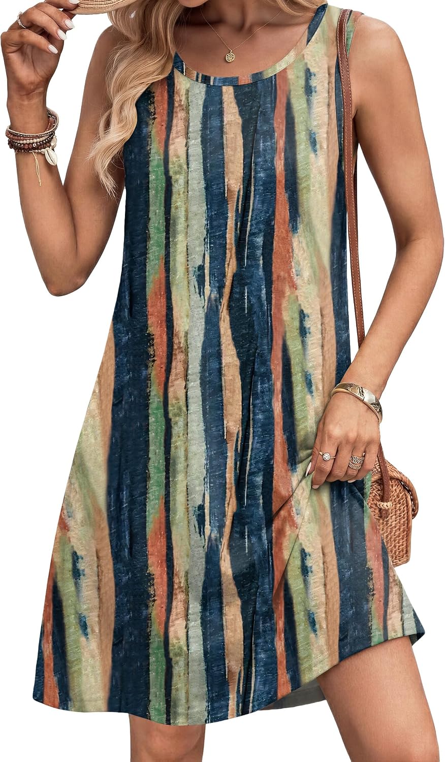  Womens Summer Dress 2026 Sleeveless Casual A-Line Tshirt Sundresses | Dress With Pocket,Floral Print,Crewneck,Aline Flowy Swing Mini Dress,Loose Tank Tshirt Dress,For Beach Vocation thumbnail