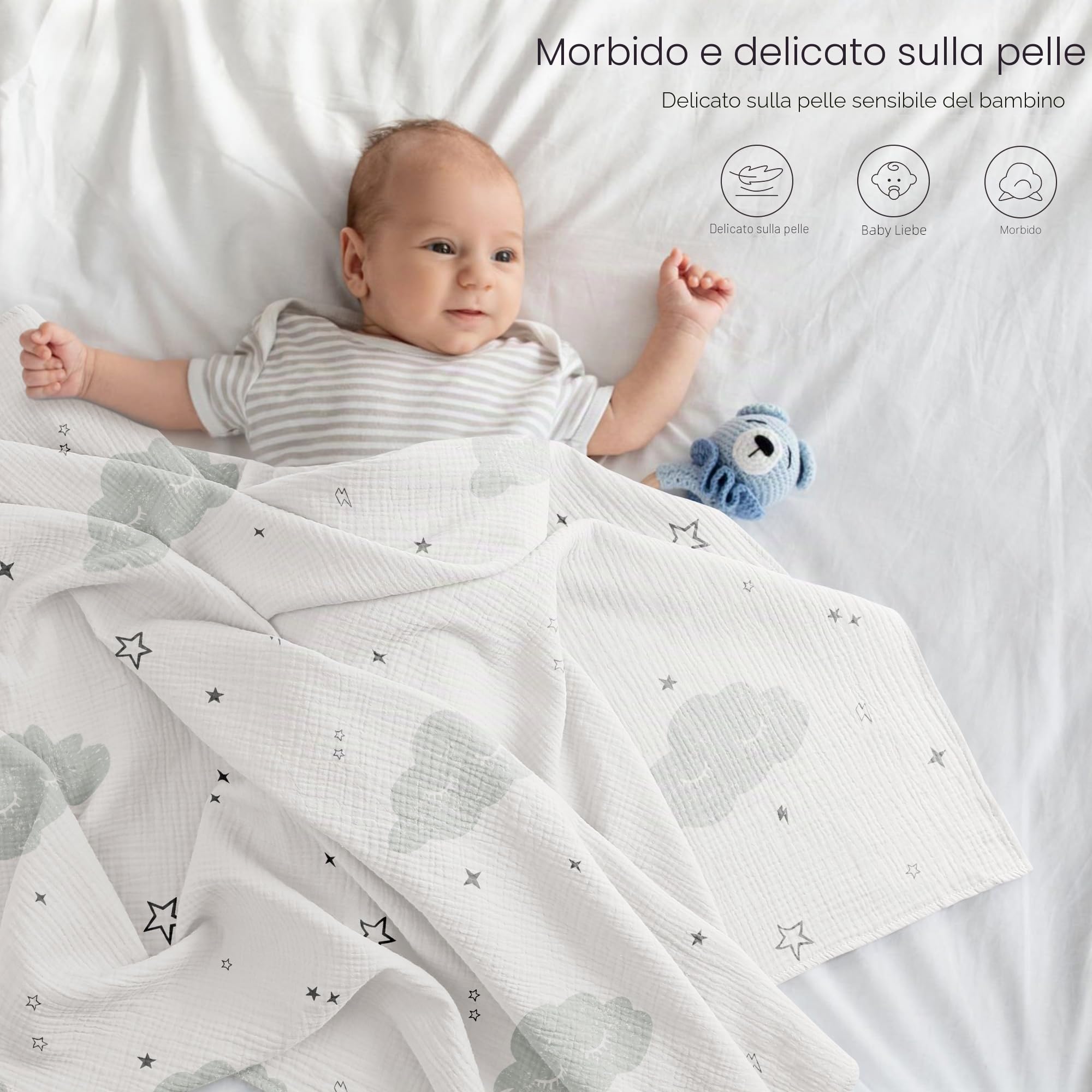 bearmoss 100% Mussole Neonato Cotone Coperte 96x102cm, Coperte di Ricezione Traspiranti e Morbidissime per Bambini, Ragazzi e Ragazze Unisex 3 pack (Nuvole)