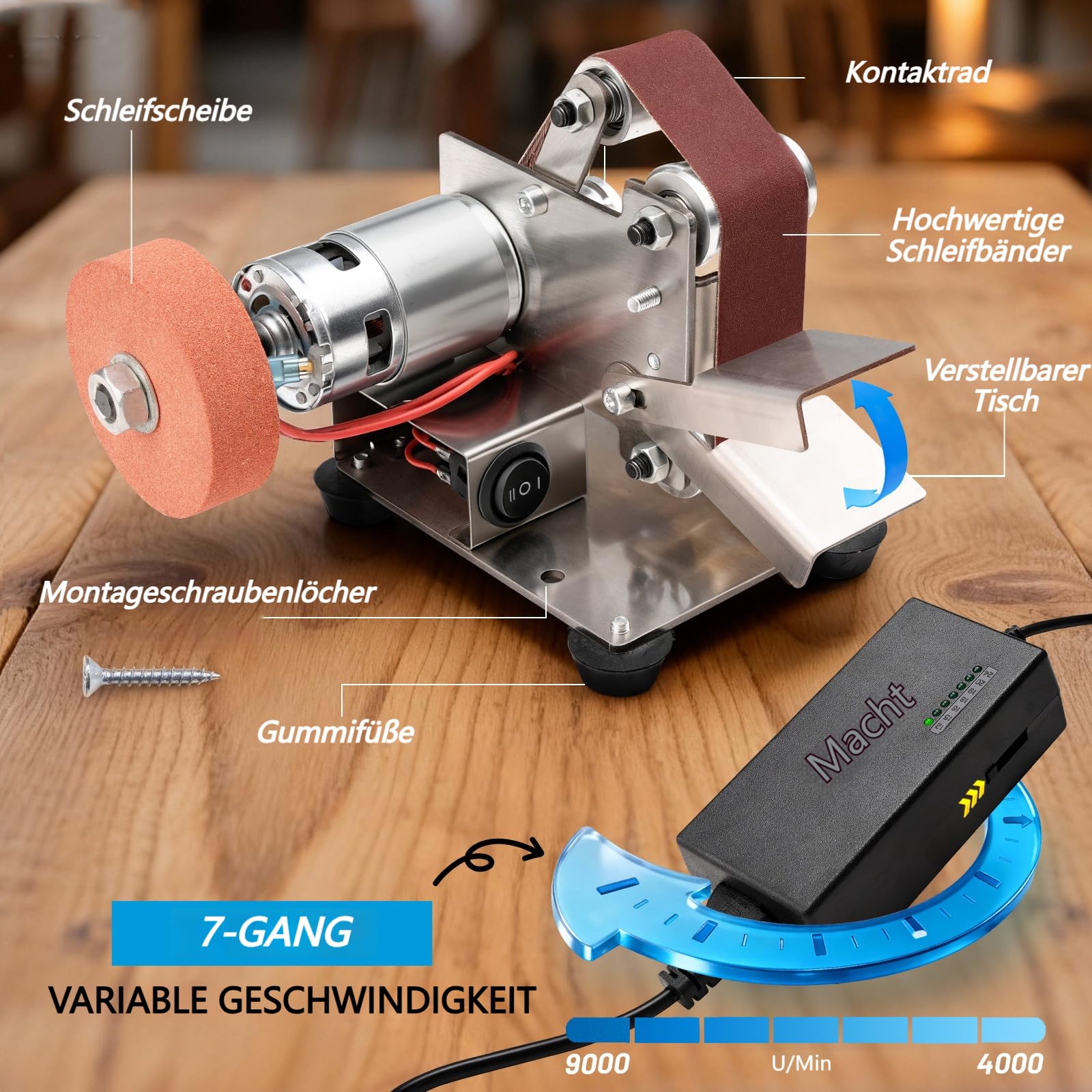 SI FANG Mini Bandschleifer，Elektrischer Band Schleifmaschine，7-Stufig Einstellbare Messerschärfer mit 20pcs 330x30 mm Schleifbänder Geliefert für Holz- und Metallbearbeitung