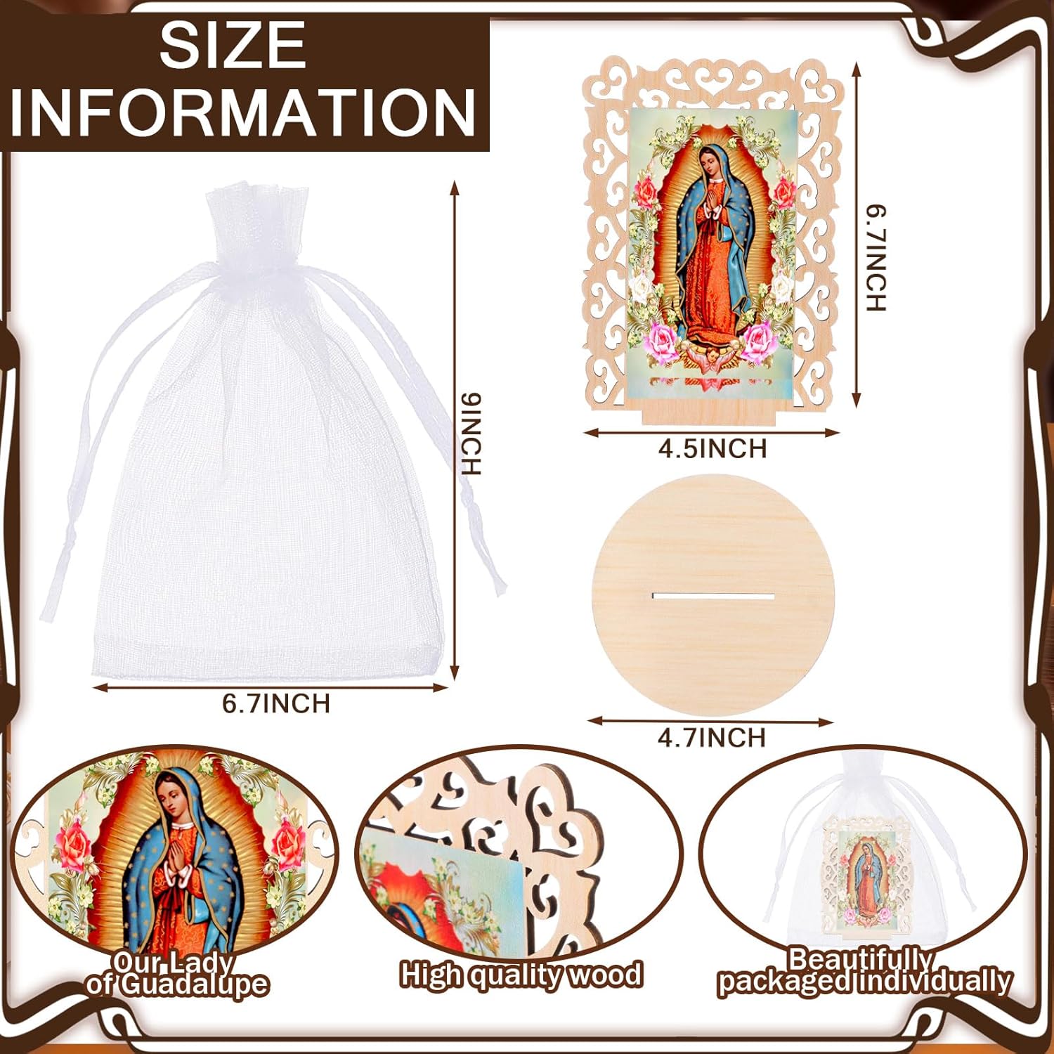 Soaoo 24 Pcs Our Lady of Guadalupe Wooden Statues Virgen De Guadalupe Picture Frames Baptism Favors for Guests Baptism Centerpieces for Table First Communion Gifts Catholic Favors (Rectangle)