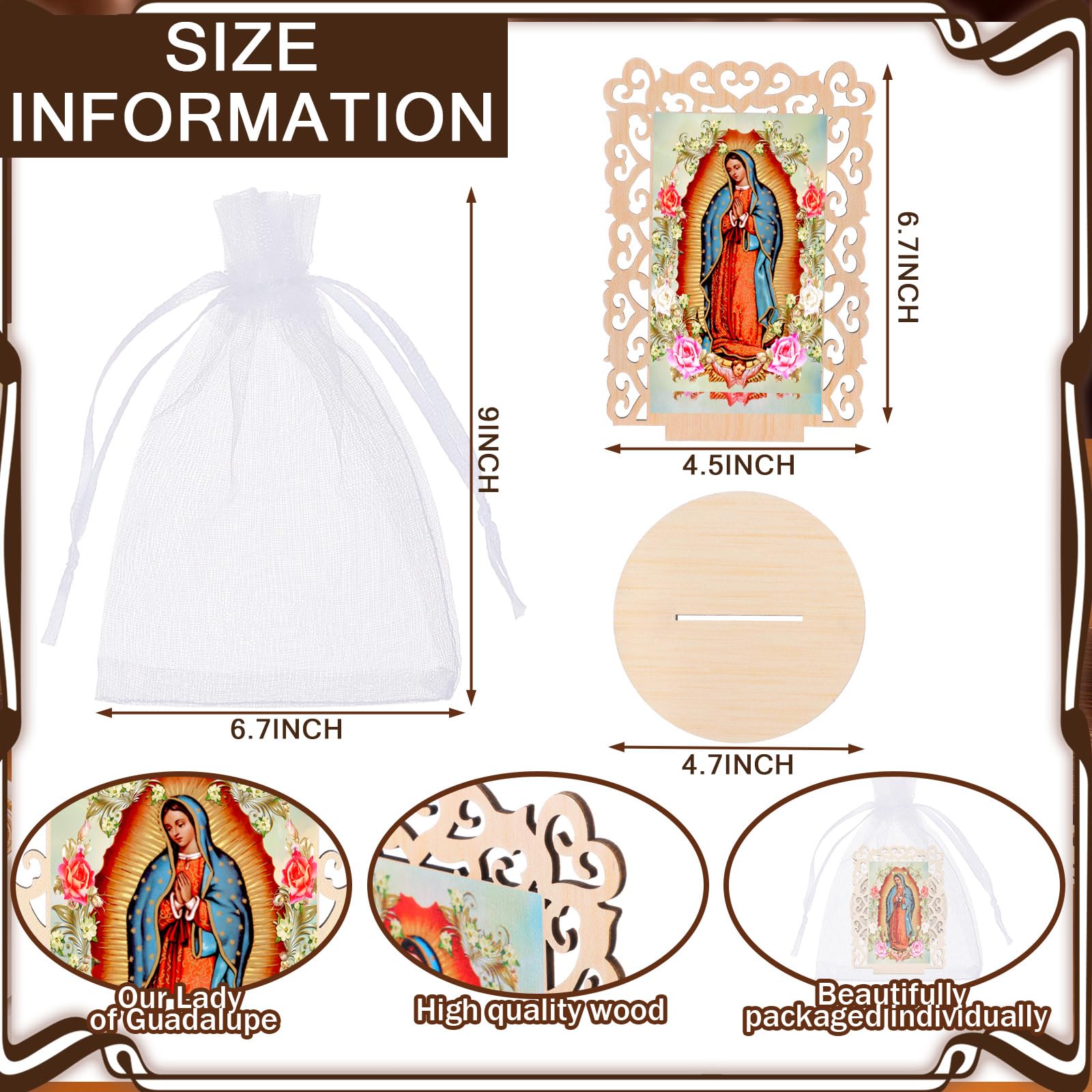 Soaoo Holzstatuen "Our Lady of Guadalupe", "Virgen De Guadalupe", Bilderrahmen, Taufgeschenke für Gäste, Taufaufaufaufen, Tafelaufsätze für Tisch, Erstkommunion, katholische Gastgeschenke, rechteckig