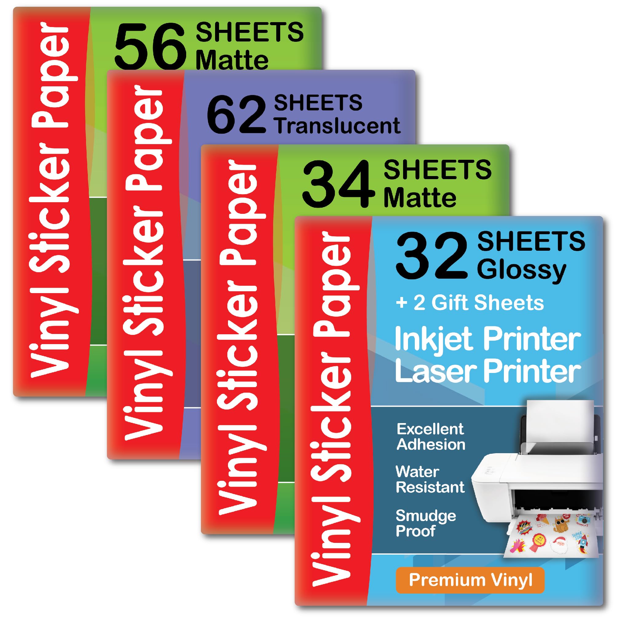 Premium Printable Vinyl Sticker Paper Matte for Inkjet Printer 34 sheets + Vinyl Sticker Paper Glossy 32 sheets + Translucent Clear Sticker Paper 62 sheets + Vinyl Sticker Paper Matte 56 sheets