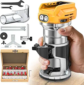 Cordless Compact Router Compatible with DeWalt 20V Battery, With 15Pcs Router Bits 6 Variable Speeds for Woodworking, 800W Fixed Base Wood Router With Trim Bits, Edge & Roller Guide