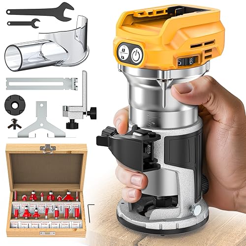 MtiolHig Cordless Compact Router Compatible with DeWalt 20V Battery, With 15Pcs Router Bits 6 Variable Speeds for Woodworking, 800W Fixed Base Wood Router With Trim Bits, Edge & Roller Guide
