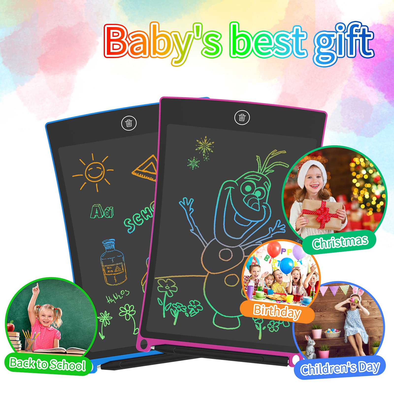 HOMESTEC 2 Pack Kids Doodle Boards, 8.5 Inch Colorful LCD Writing Tablets, Toys for Boys and Girls 3 4 5 6 Years Old as Christmas Birthday Gifts (Pink & Blue) (HT-0802-2PCS) — view 6
