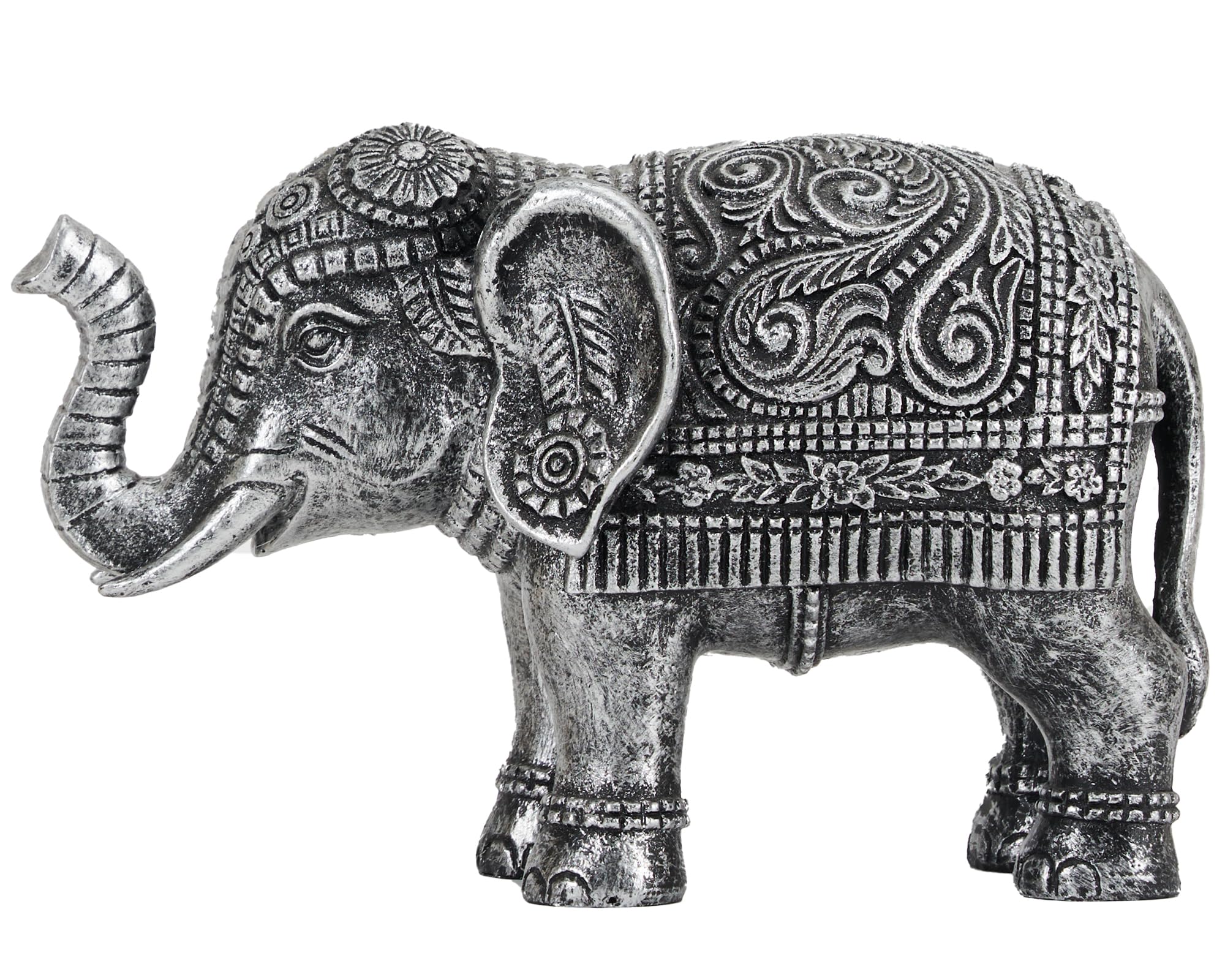 BOIHEGU Elephant Statue Home Decor, 9 Inch Resin Antique Silver Retro Accent Elephant Figurine, Good Lucky Elephant Thoughtful Housewarming Gifts for Women Men Office Desk Decor