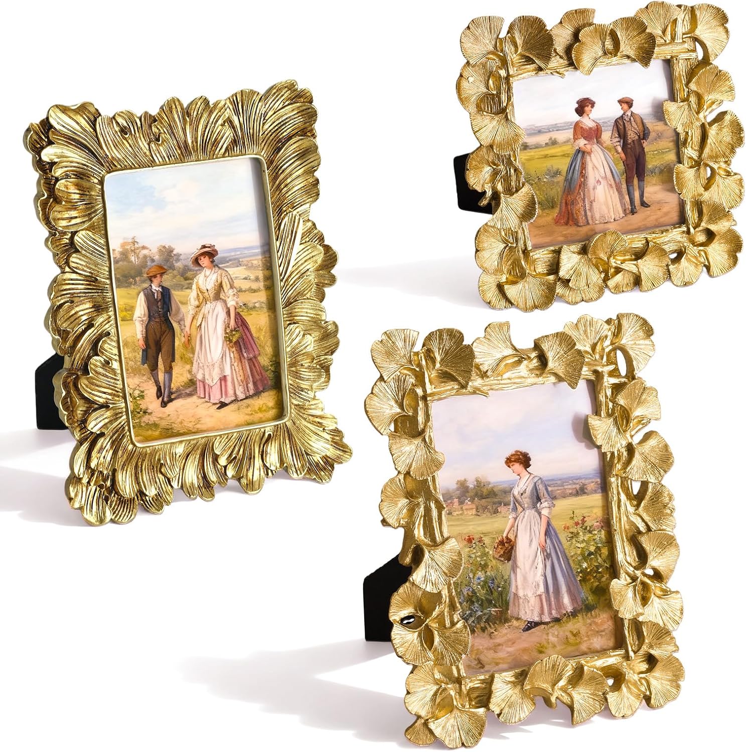 Primst 3 Pcs Vintage Gold Picture Frames Set - 4x4 & 4x6 Inch Ornate Resin Photo Frames with Glass Front, Antique Retro Design for Tabletop Display & Wall Hanging, Home Decor
